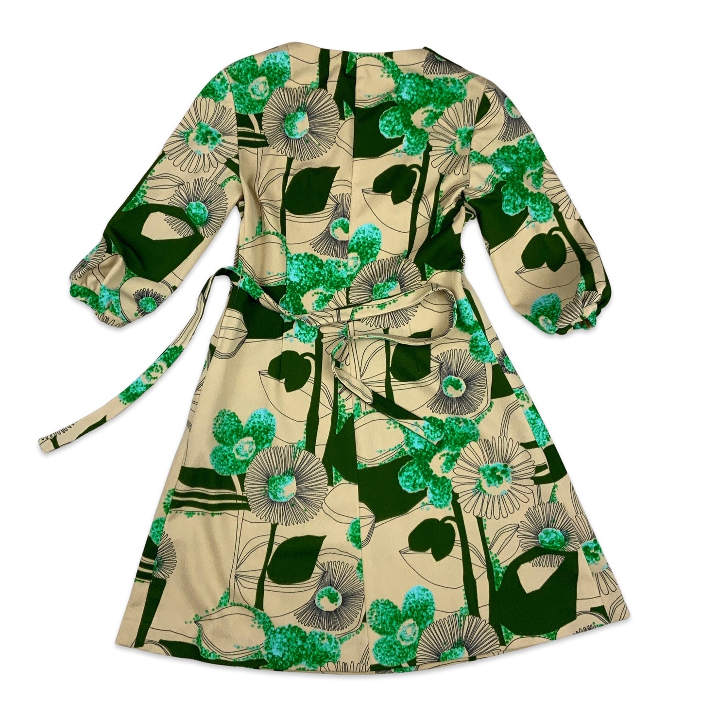 Vintage 60S 70s Midi Floral Print Dress Beige Green Blue 10 12