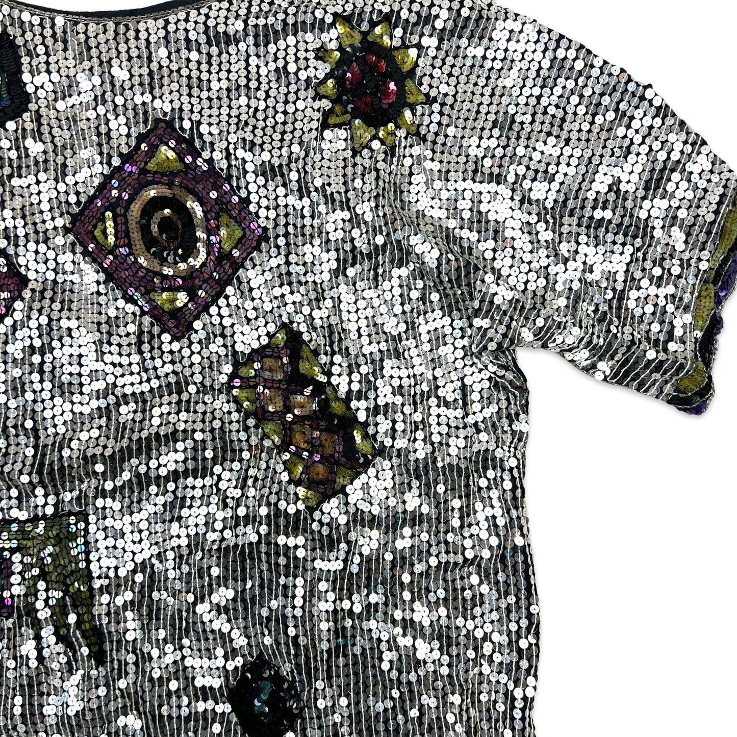 Vintage 80s Oversized Boxy Sequin Blouse Silver Pink Yellow 16