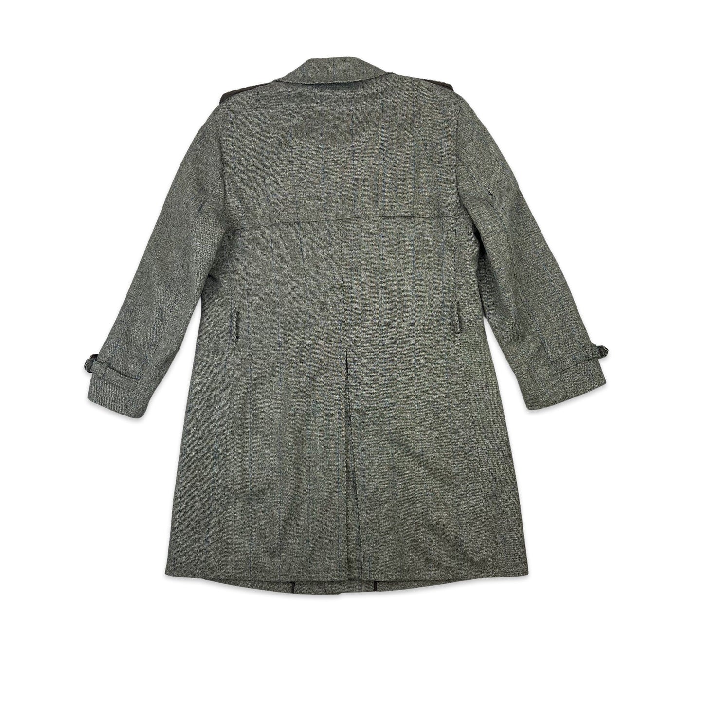 Vintage 70s Wool Tweed Midi Coat Grey Brown Blue 14 16