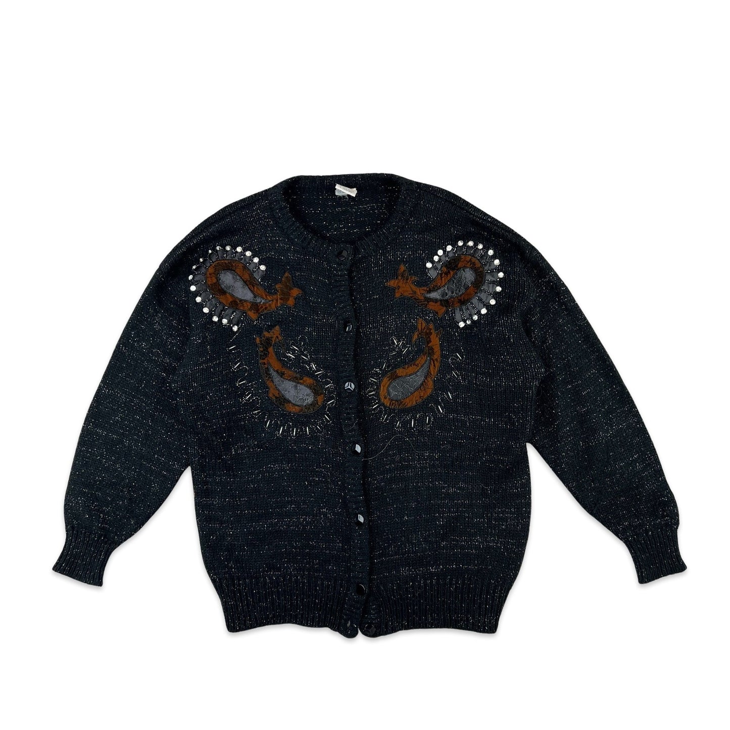Vintage Mohair Cardigan Black Brown Embroidered Paisley 16 18