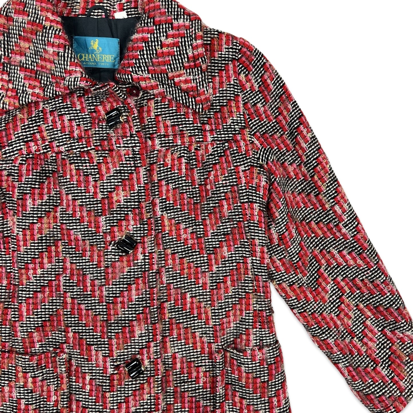 Vintage Midi Wool Coat Black White Red Pink Chevron 8 10
