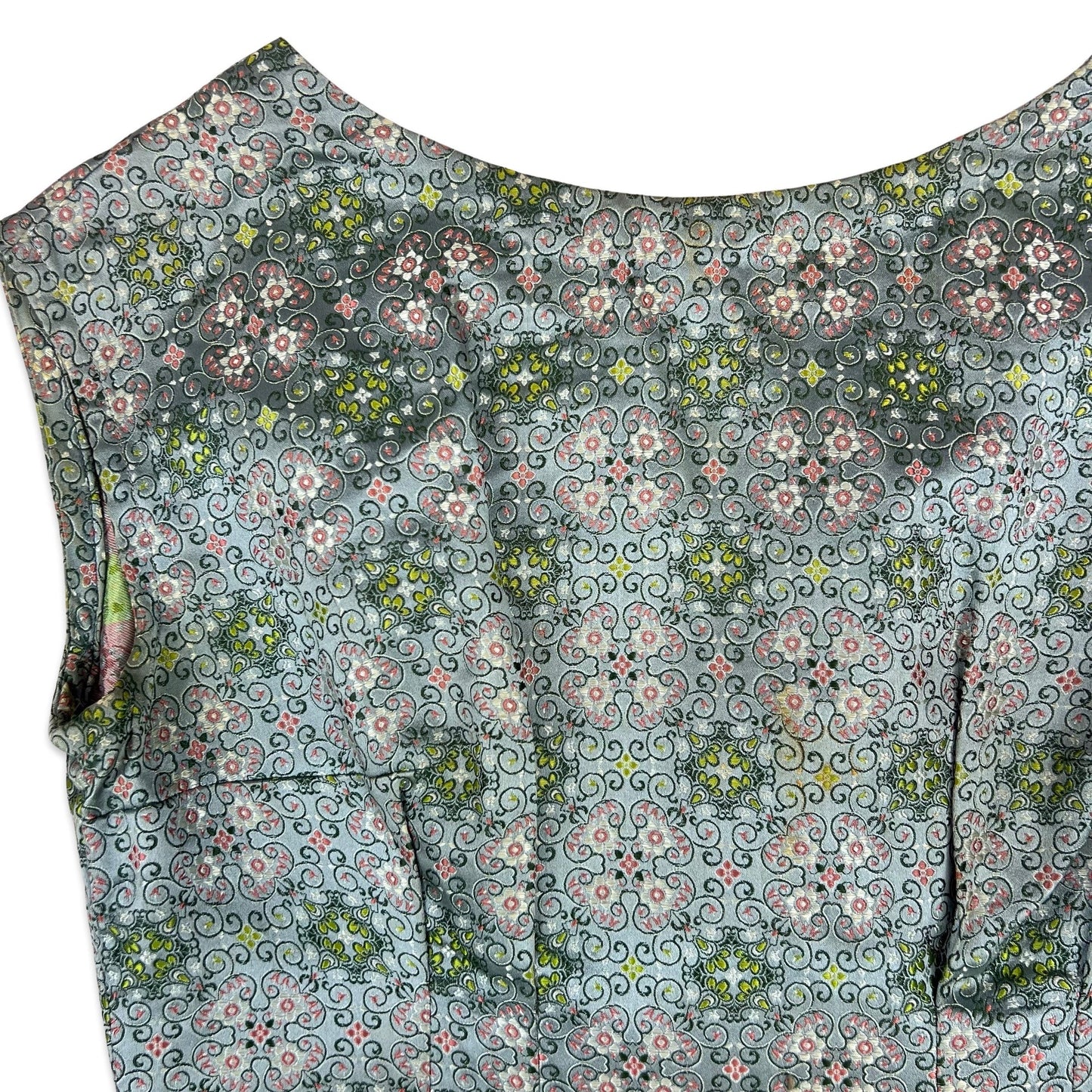 60s Vintage A Line Patterned Dress Grey Green Pink 8 10