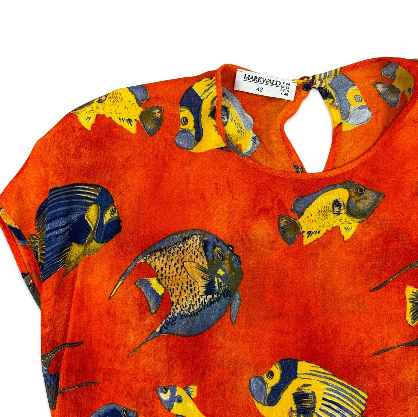 Vintage 80s Fish Print Blouse Orange 14