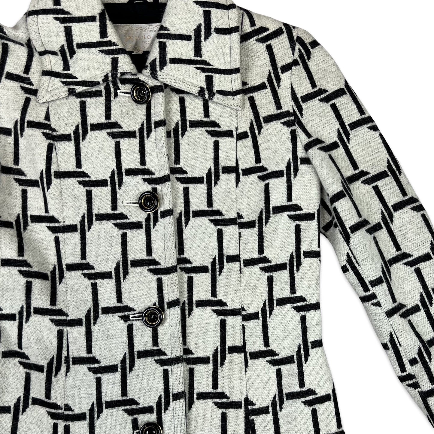 Vintage 90s Wool Midi Coat Geometric Print Light Grey Black 6 8
