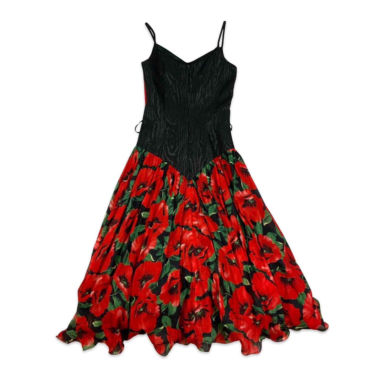 Vintage 80s 90s Party Midi Floral Print Dress Black Red 6 8