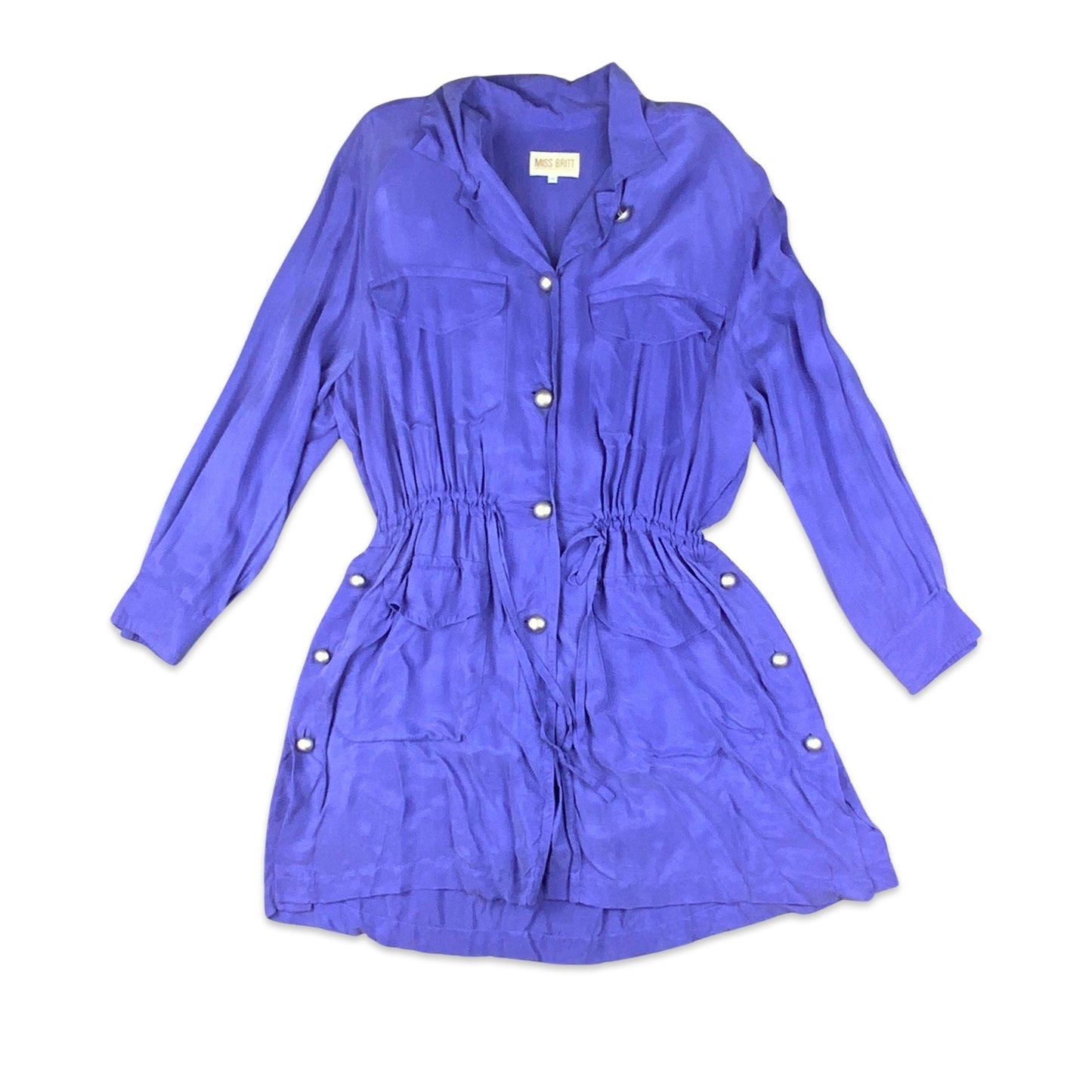 Vintage 80s 90s Bright Purple Shirt Dress Silver Buttons 10 12
