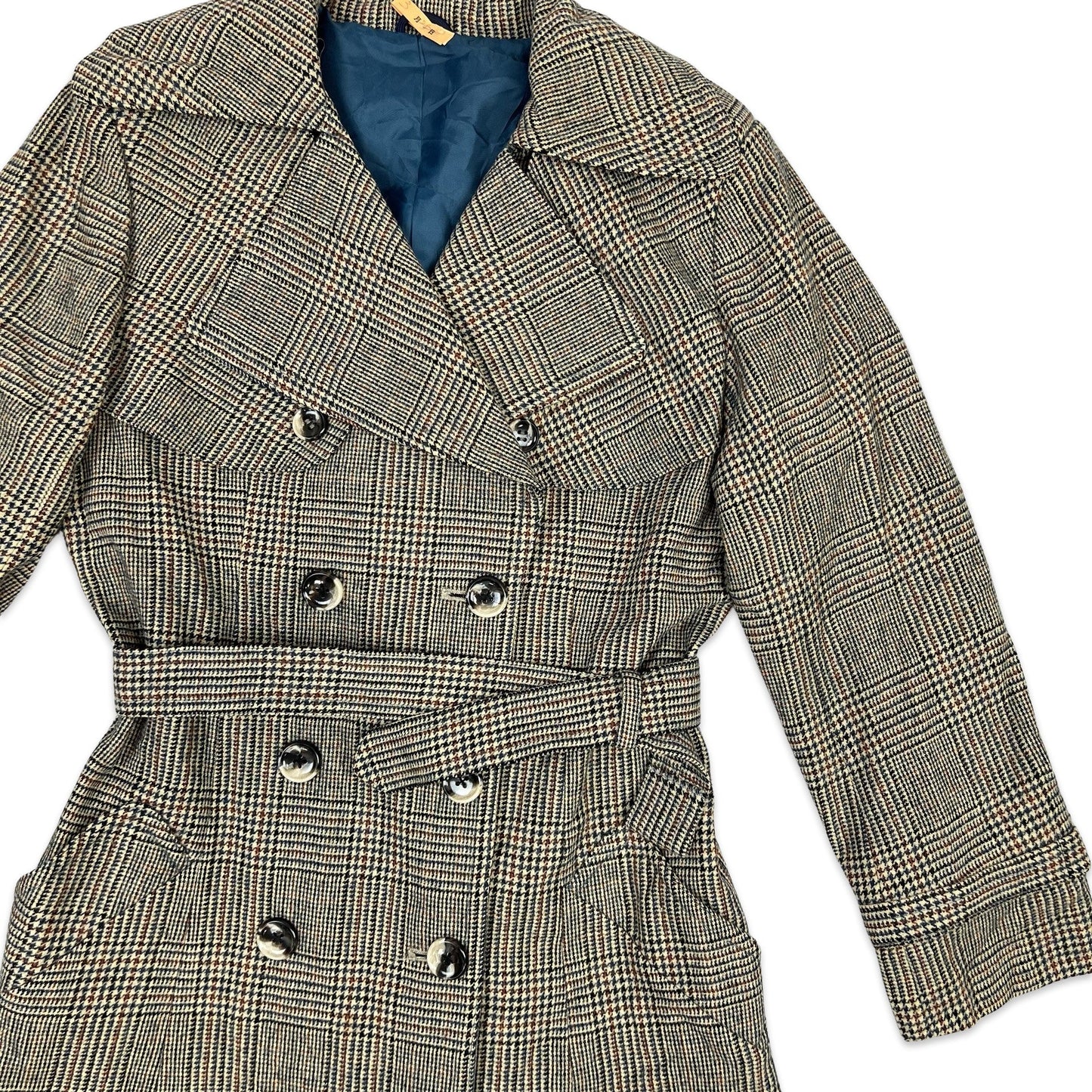 Vintage Wool Trench Coat Brown Orange Blue Tartan Check 8 10
