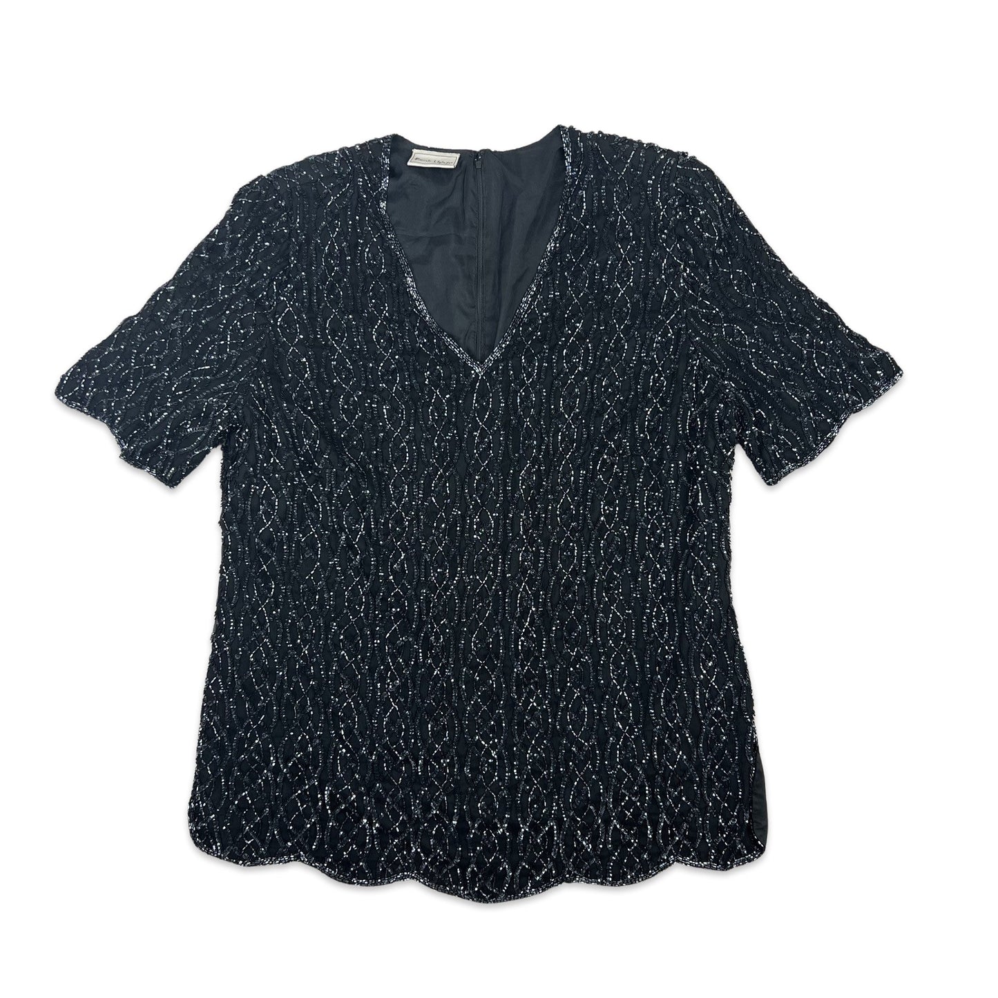 Vintage 80s Boxy Oversized Sequin Blouse Black 14 16
