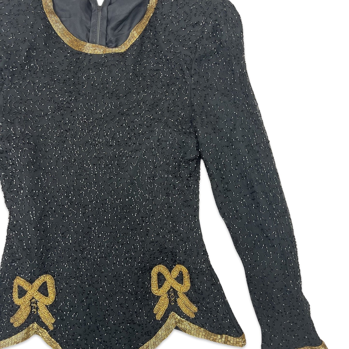 Vintage 80s Night Vogue Sequin Blouse Black Gold 4 6