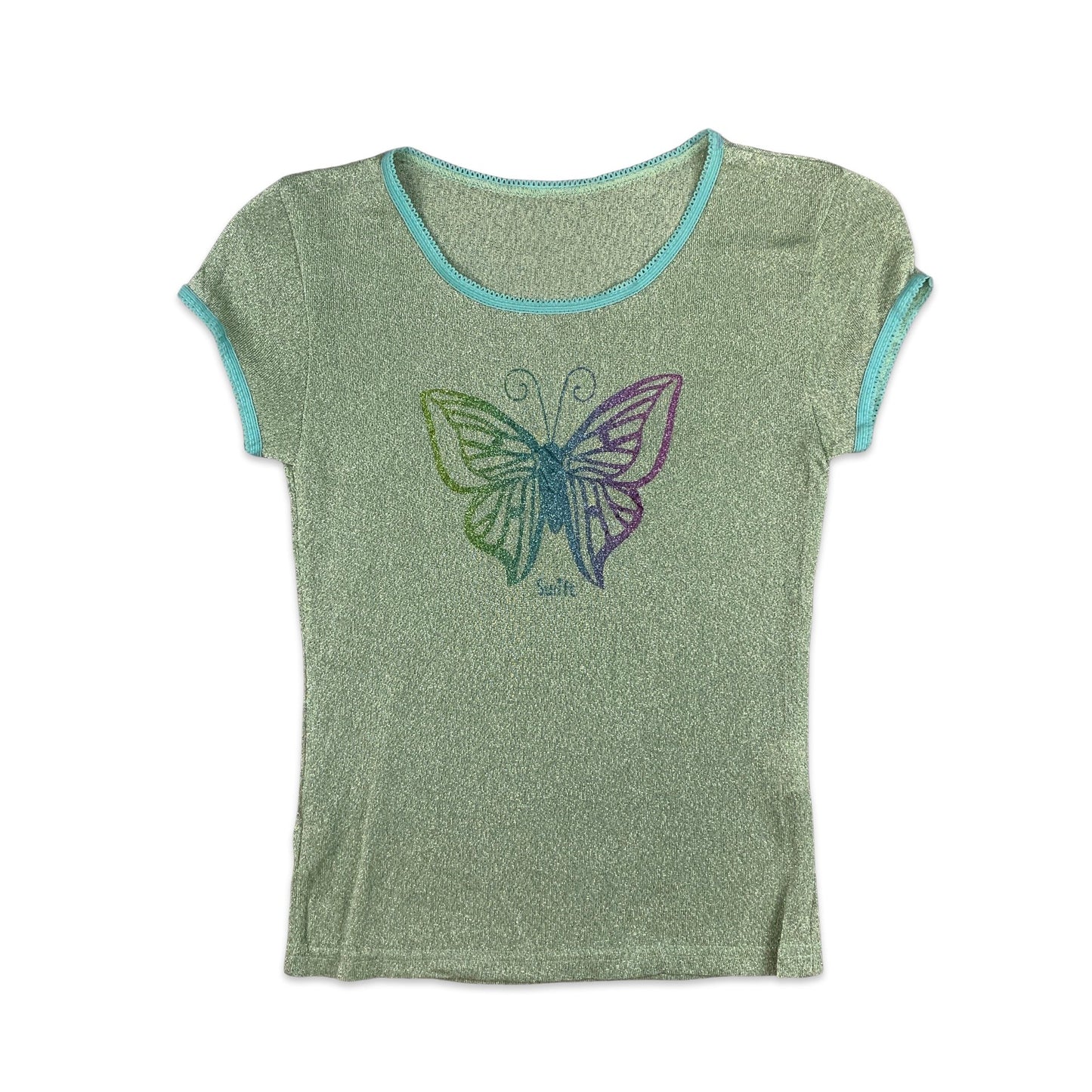 Y2K Lurex Teal Butterfly Swift Top 4 6 8