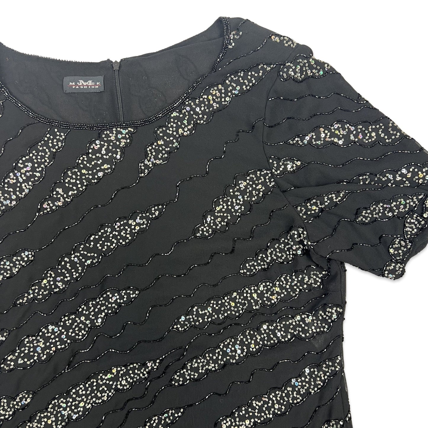 Vintage 80s Boxy Oversized Sequin Blouse Black Silver 10 12