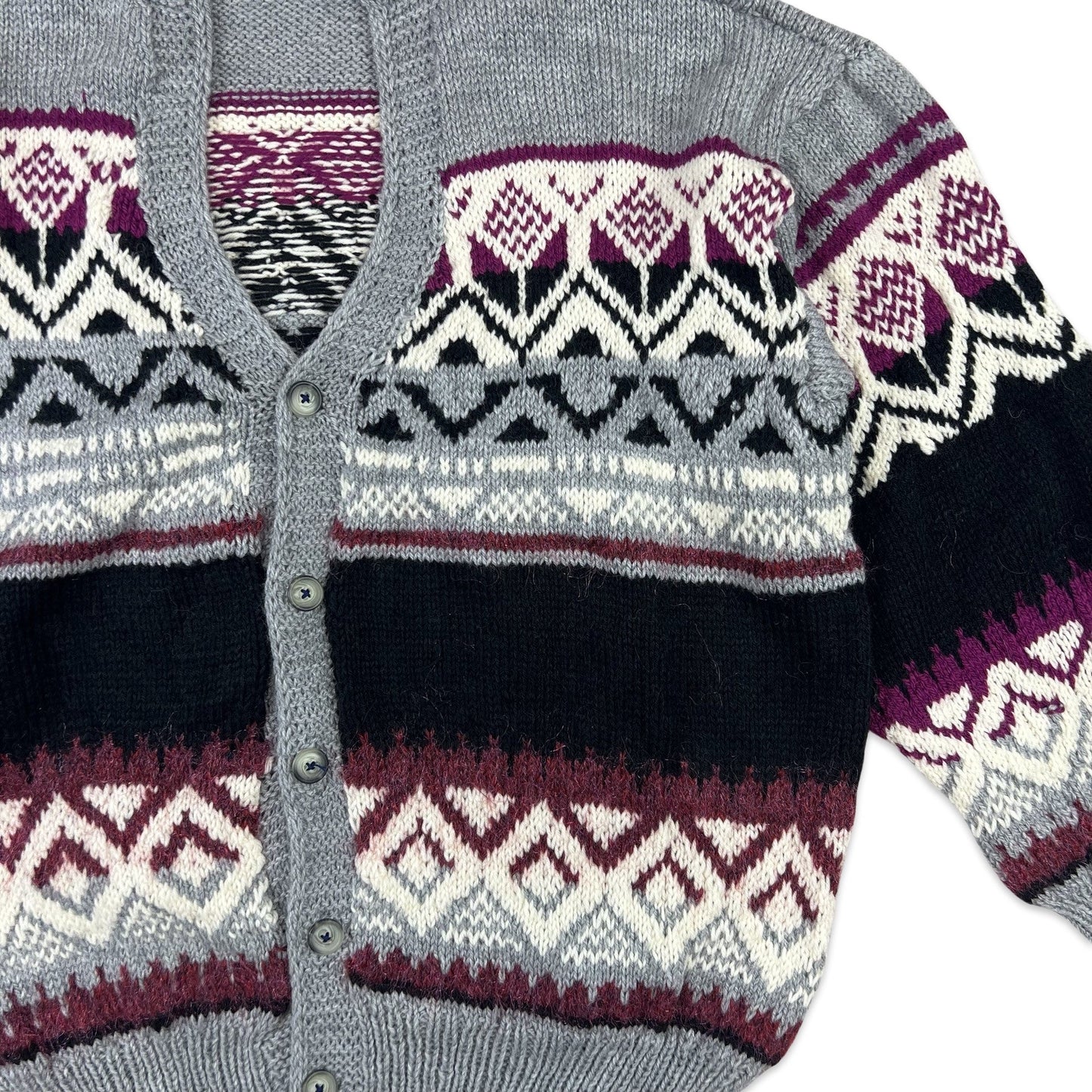 Vintage Mohair Cardigan Fair Isle Black Grey White Purple 18 20 22
