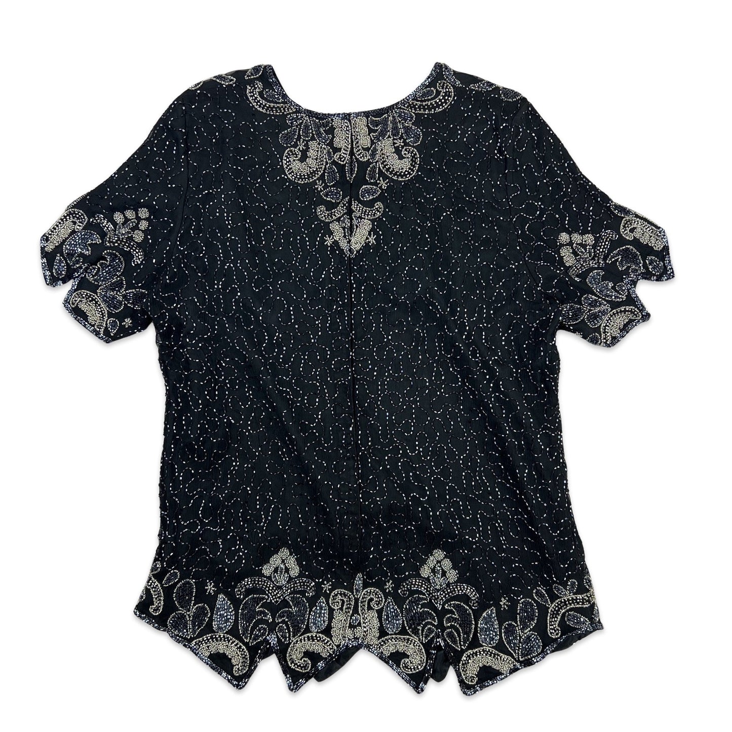 Vintage 80s Sequin Blouse Black Silver 14
