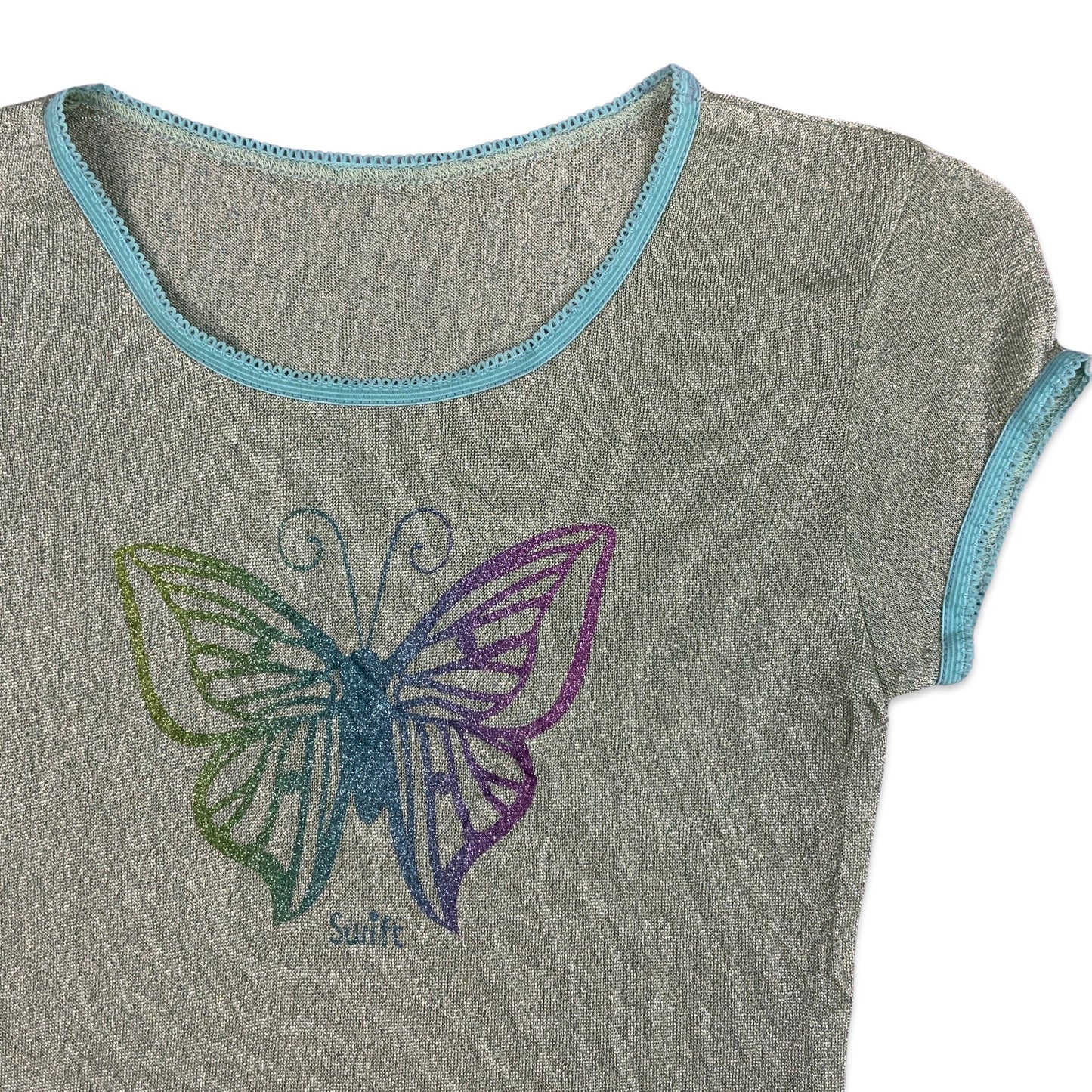Y2K Lurex Teal Butterfly Swift Top 4 6 8
