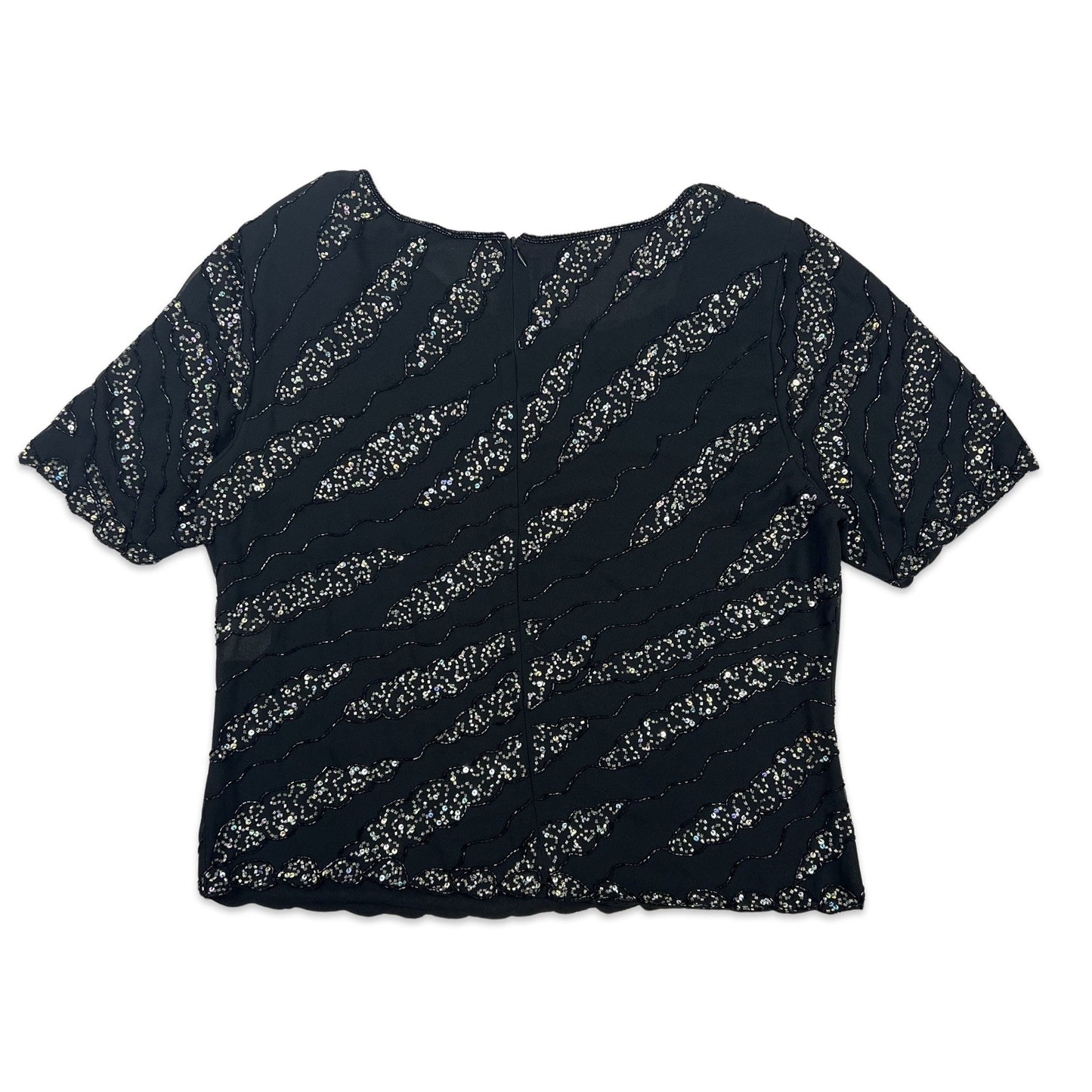 Vintage 80s Boxy Oversized Sequin Blouse Black Silver 10 12