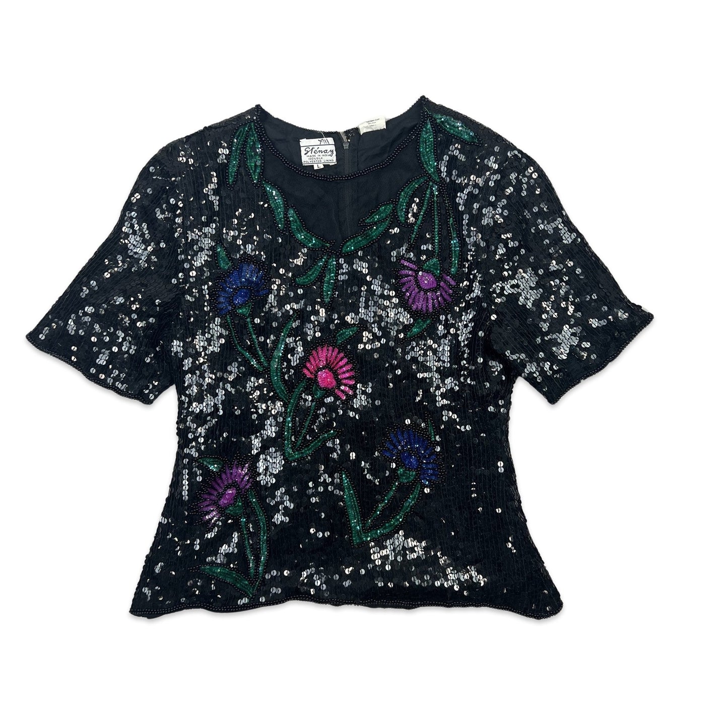 Vintage 80s Oversized Sequin Blouse Black Blue Green Purple 8 10