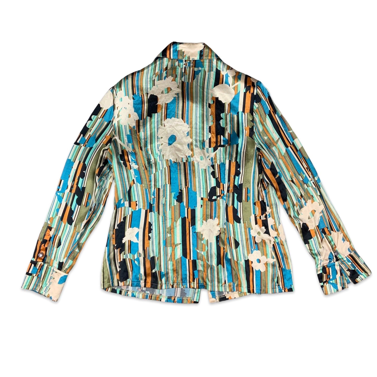 Vintage 90s Y2K Blue Orange & White Floral Striped Print Satin Blouse 8 10