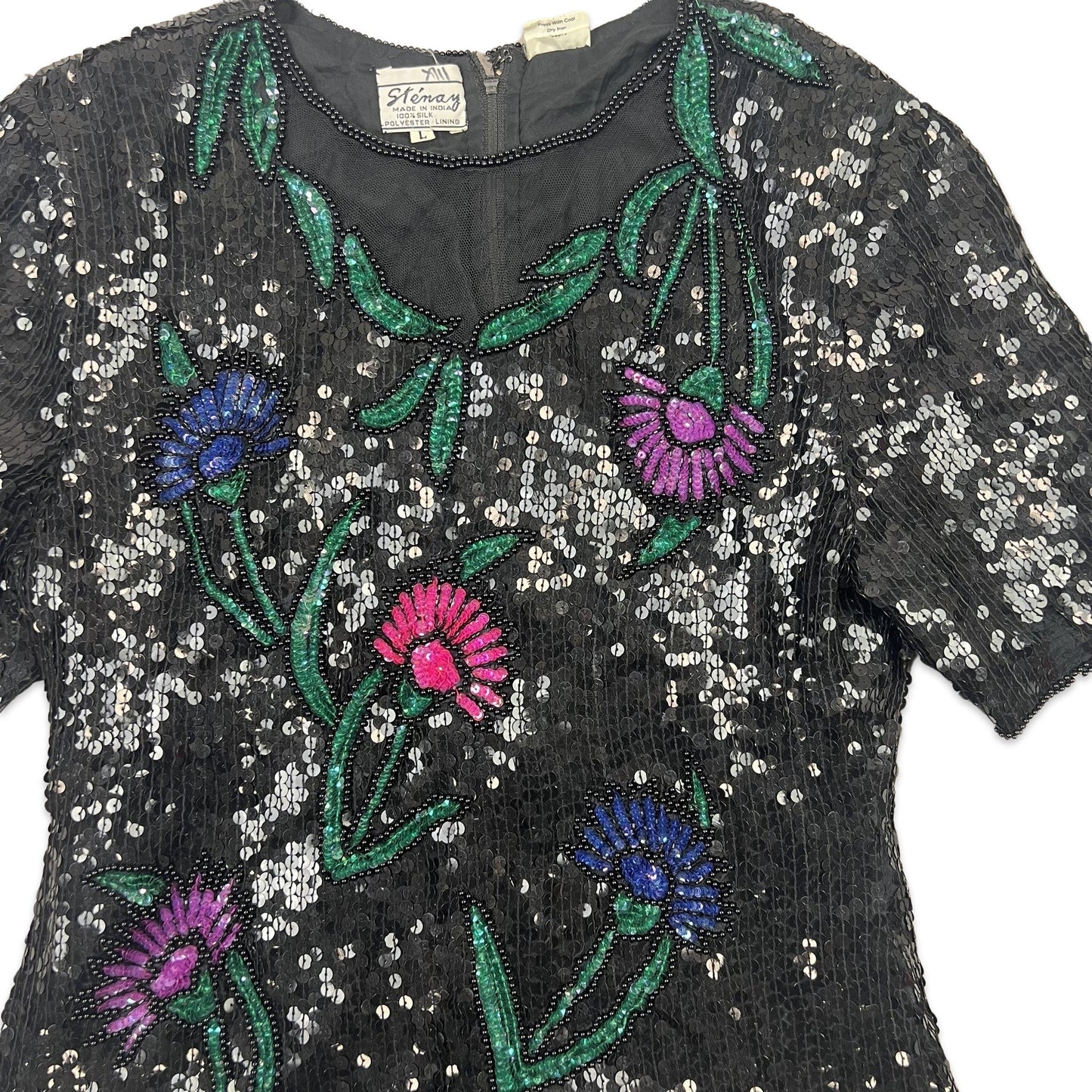 Vintage 80s Oversized Sequin Blouse Black Blue Green Purple 8 10