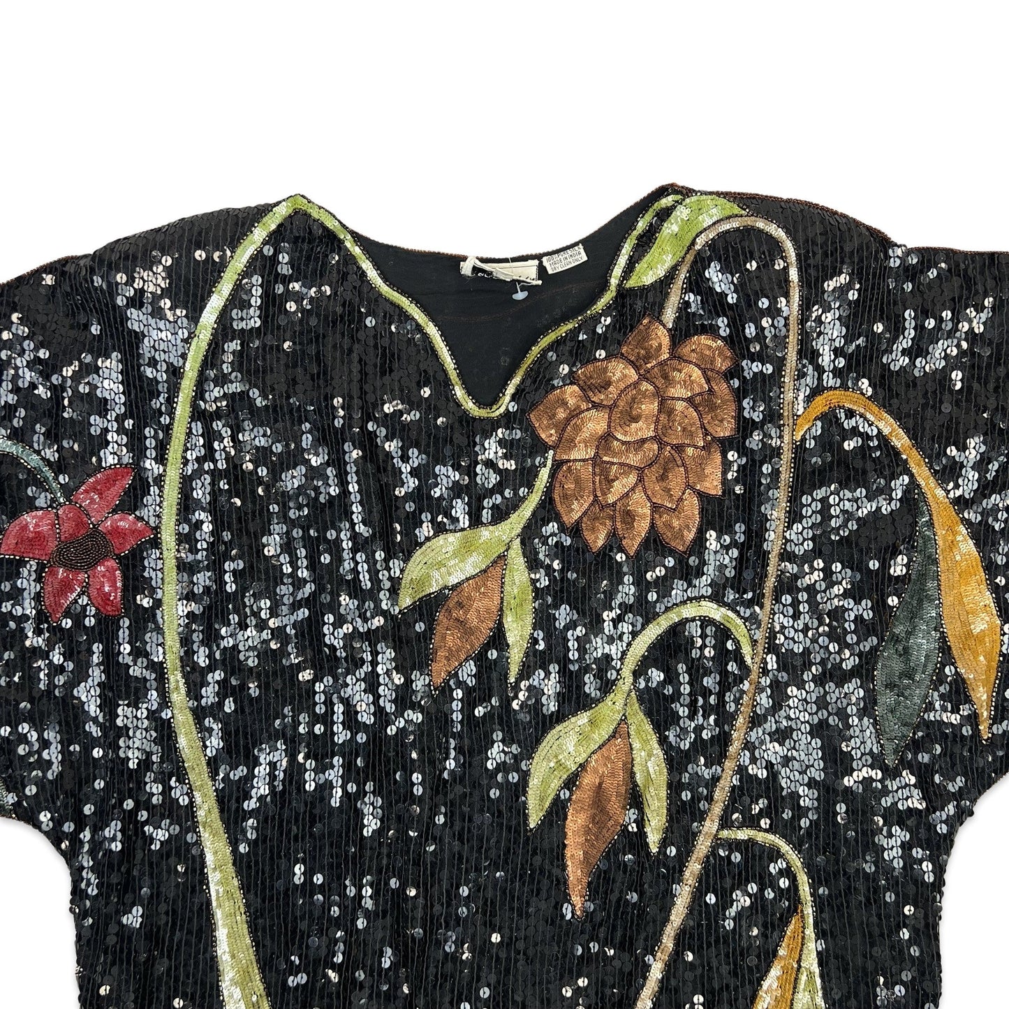 Vintage 80s Boxy Oversized Sequin Blouse Black Green Red Gold 12 14
