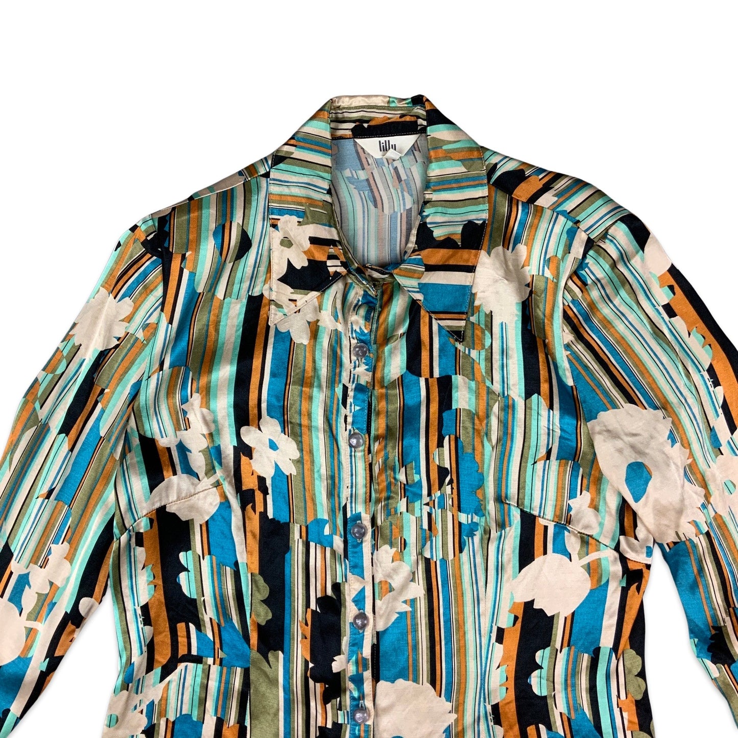 Vintage 90s Y2K Blue Orange & White Floral Striped Print Satin Blouse 8 10