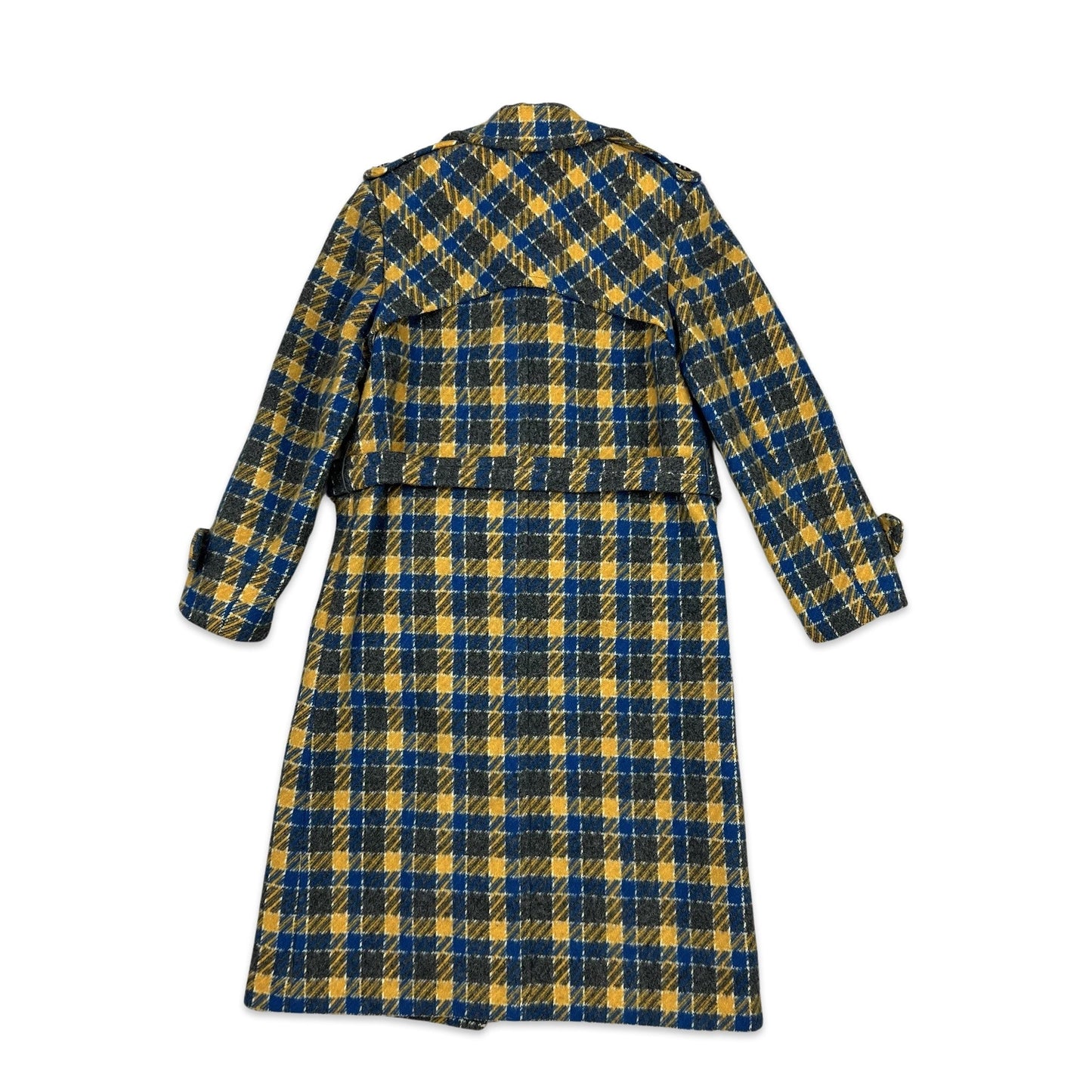 Vintage 70s Wool Midi Coat Blue Yellow Charcoal Tartan Check 6 8