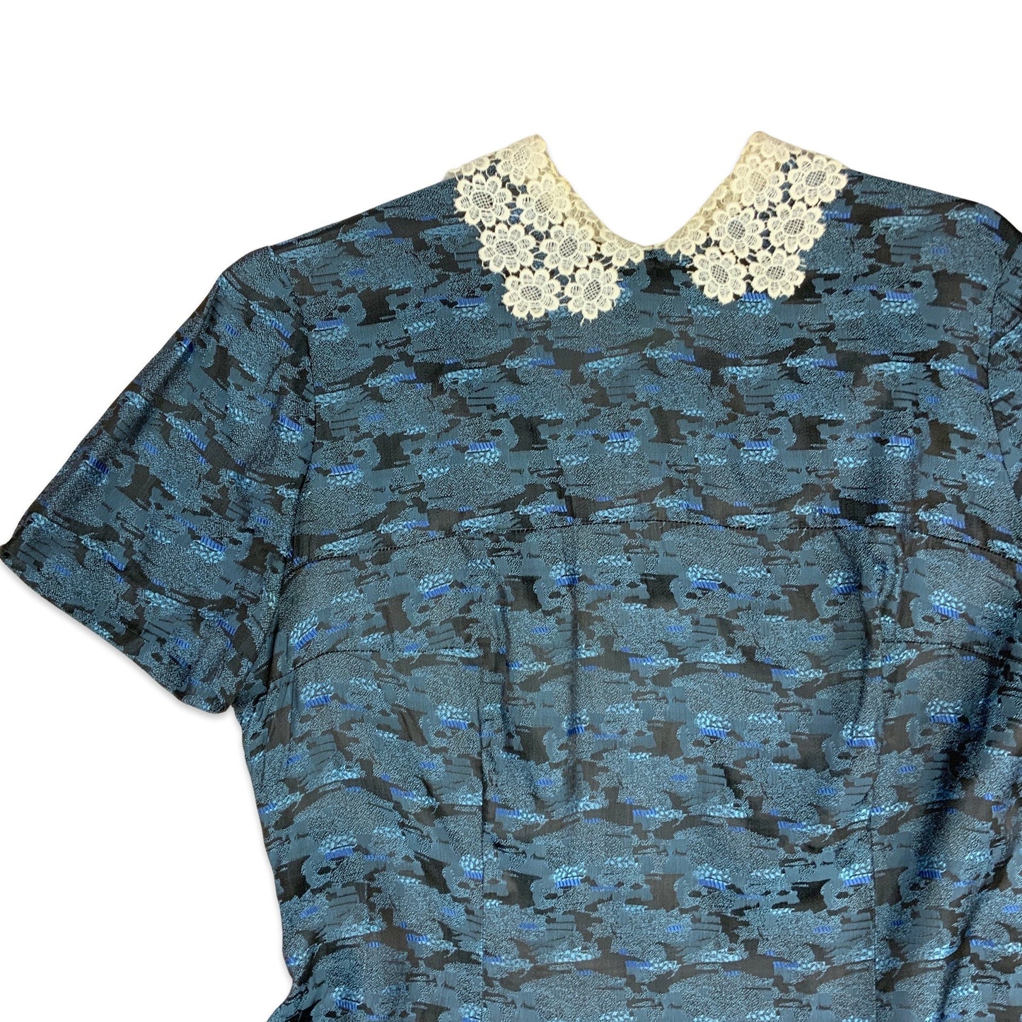 Vintage 60s Lace Collar Geo Printed Midi Shift Occasion Dress Blue Black White 10 12