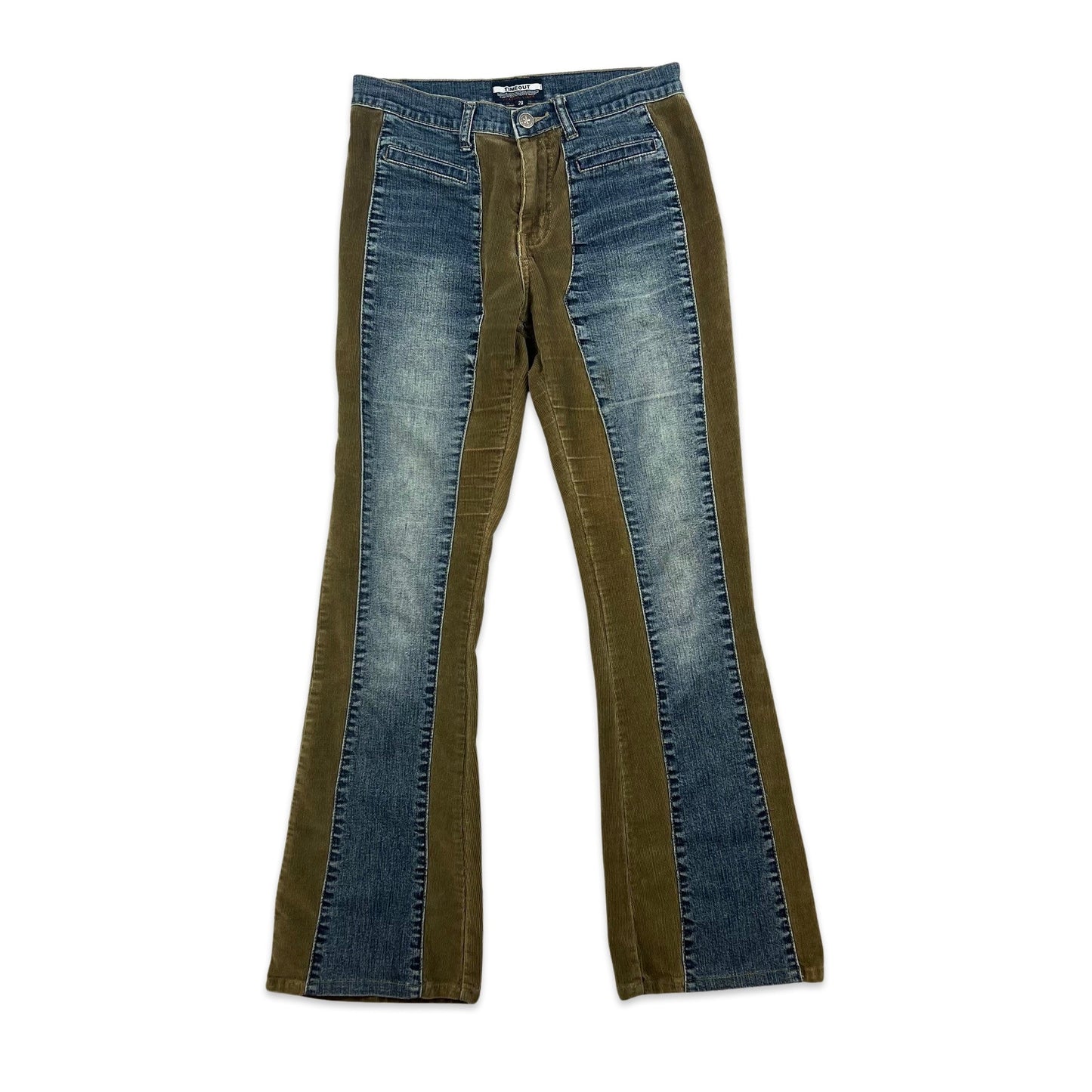 Y2K Vintage Blue Brown Cord Panel Flared Jeans 10