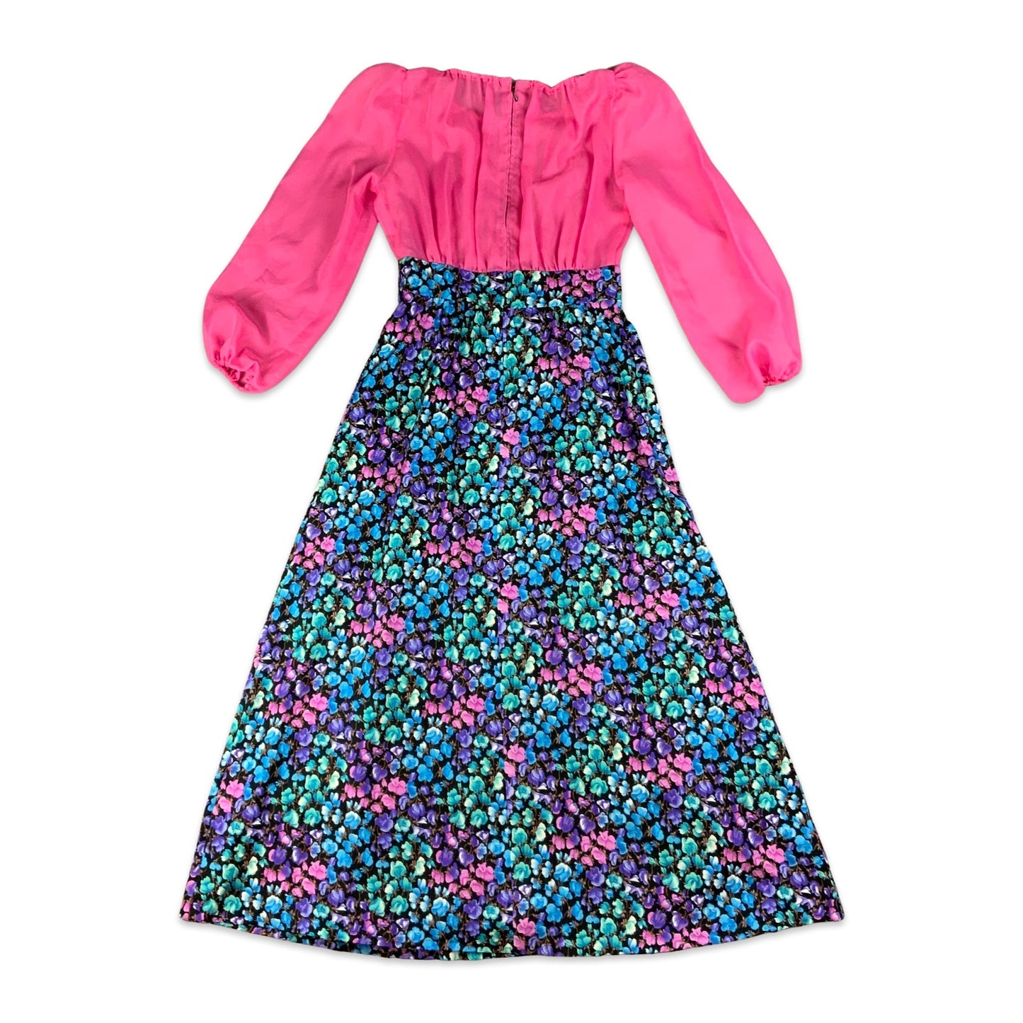 Vintage 70s Pink & Blue Floral Maxi Dress 8 10