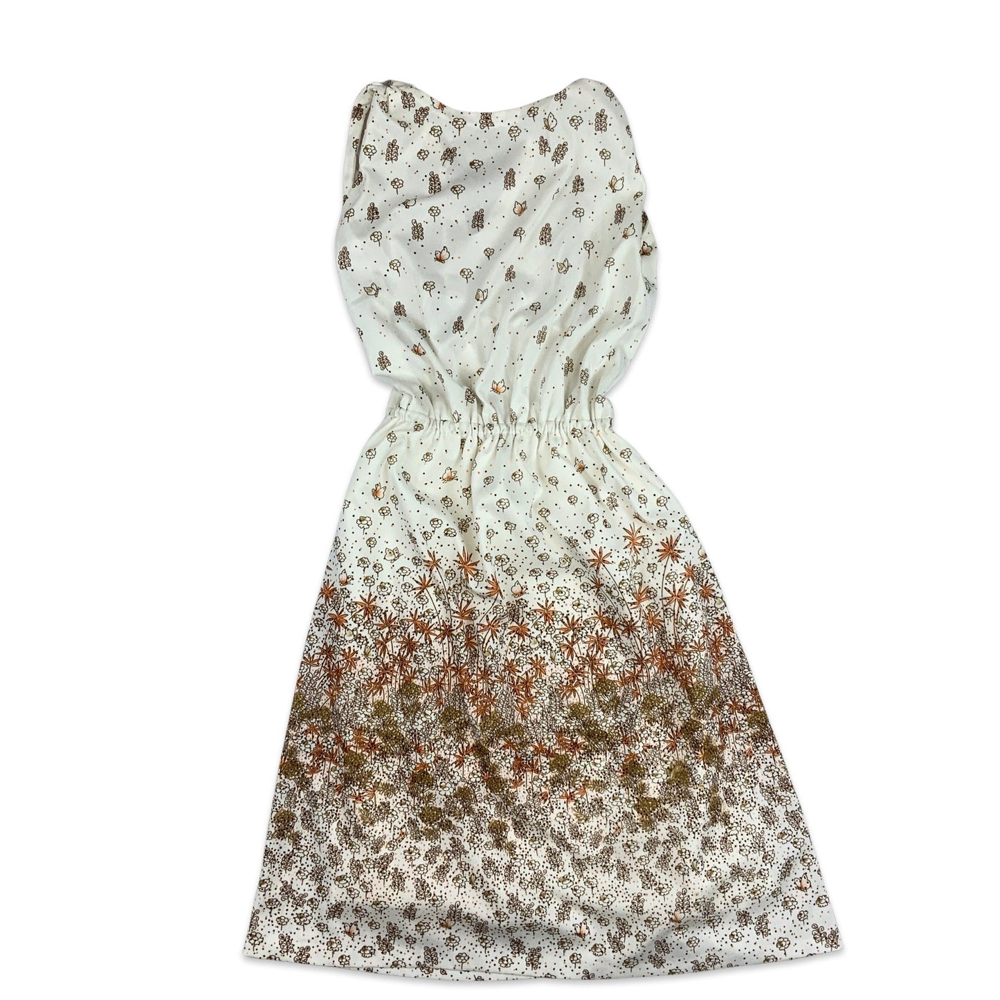 80s 90s Vintage White Orange Brown Floral Midi Dress 10 12