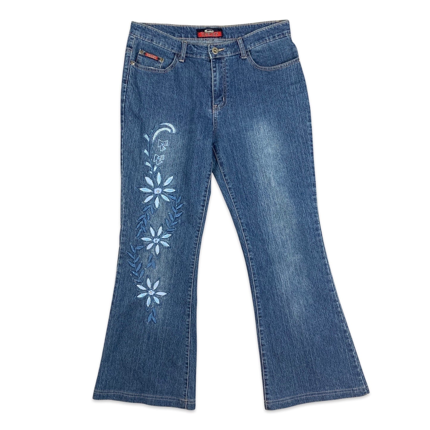 Y2K Low Rise Bootcut Denim Jeans with Floral Embroidery 12 14