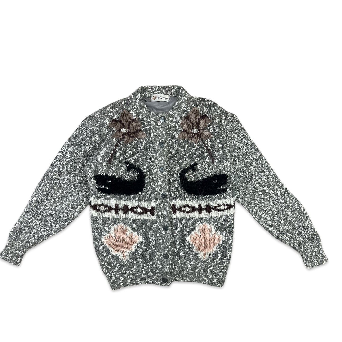 Vintage Boucle Cardigan Novelty Whale Print Grey Pink Black 16 18 20