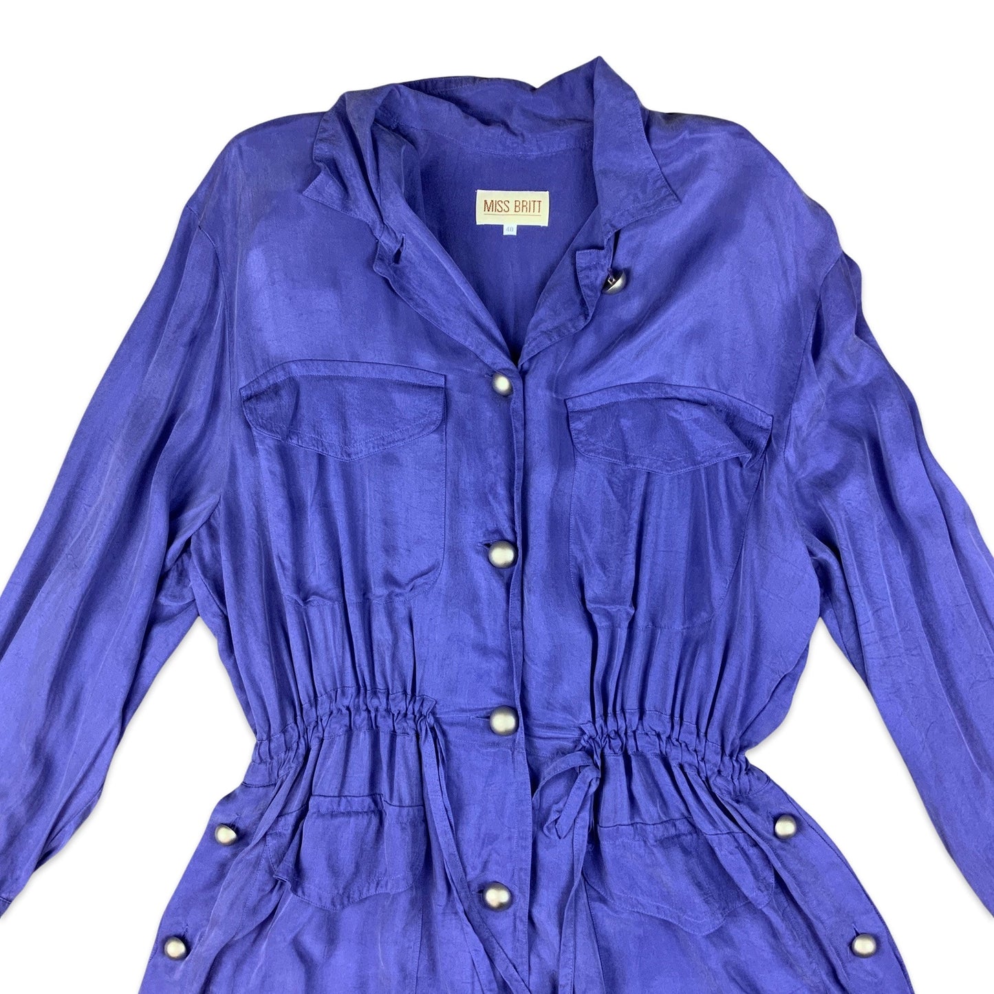 Vintage 80s 90s Bright Purple Shirt Dress Silver Buttons 10 12