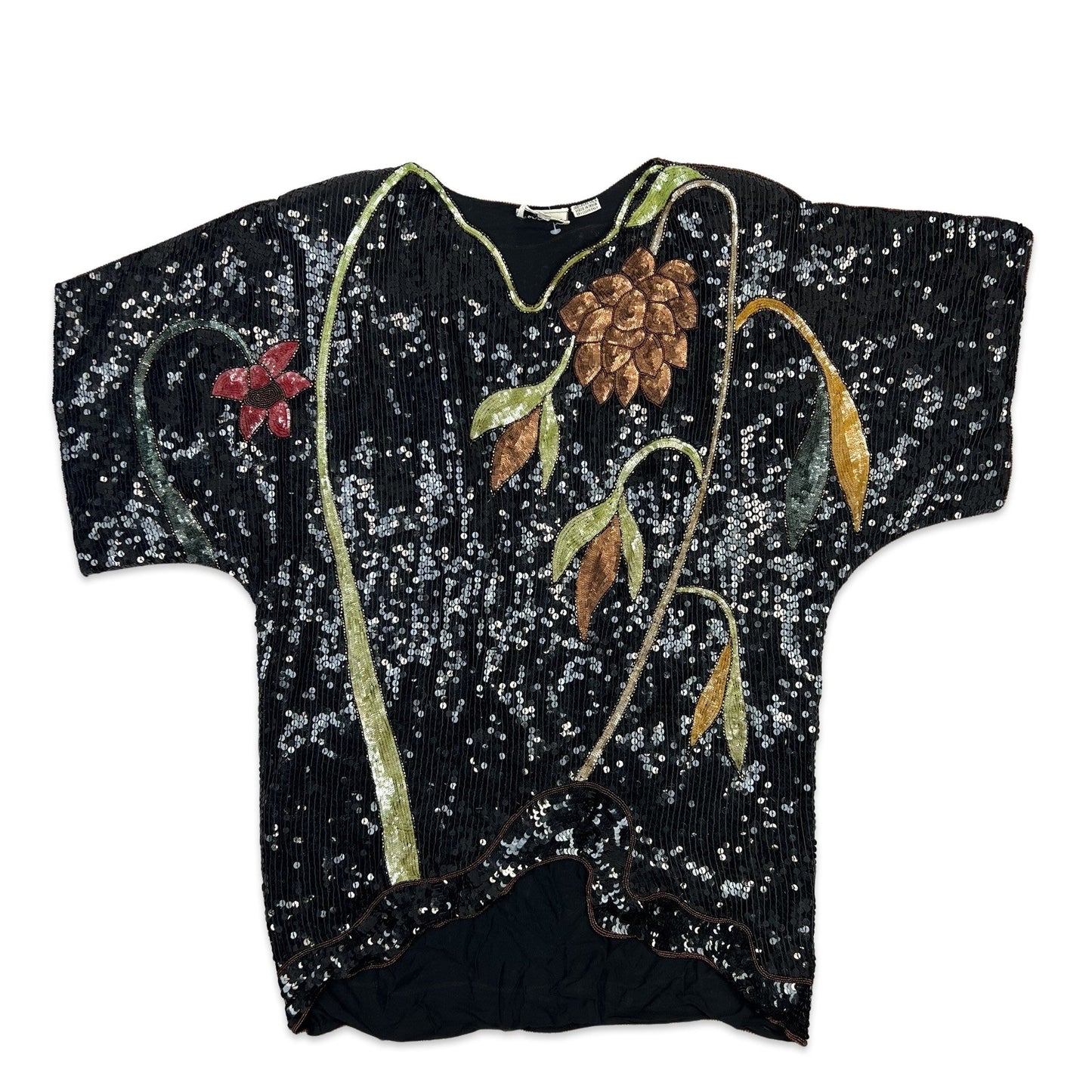 Vintage 80s Boxy Oversized Sequin Blouse Black Green Red Gold 12 14