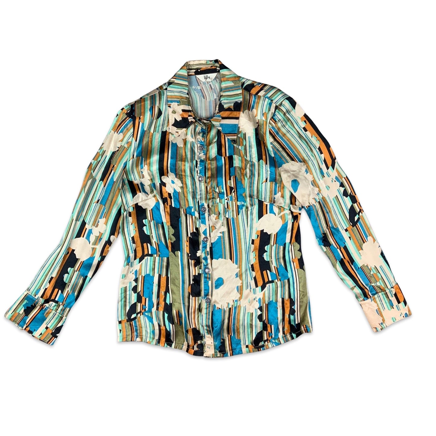 Vintage 90s Y2K Blue Orange & White Floral Striped Print Satin Blouse 8 10