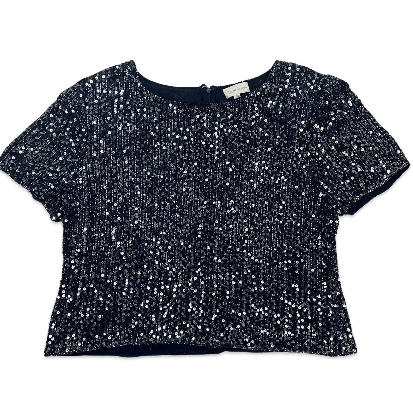 Vintage 80s Oversized Boxy Sequin Blouse Blue Silver 12 14