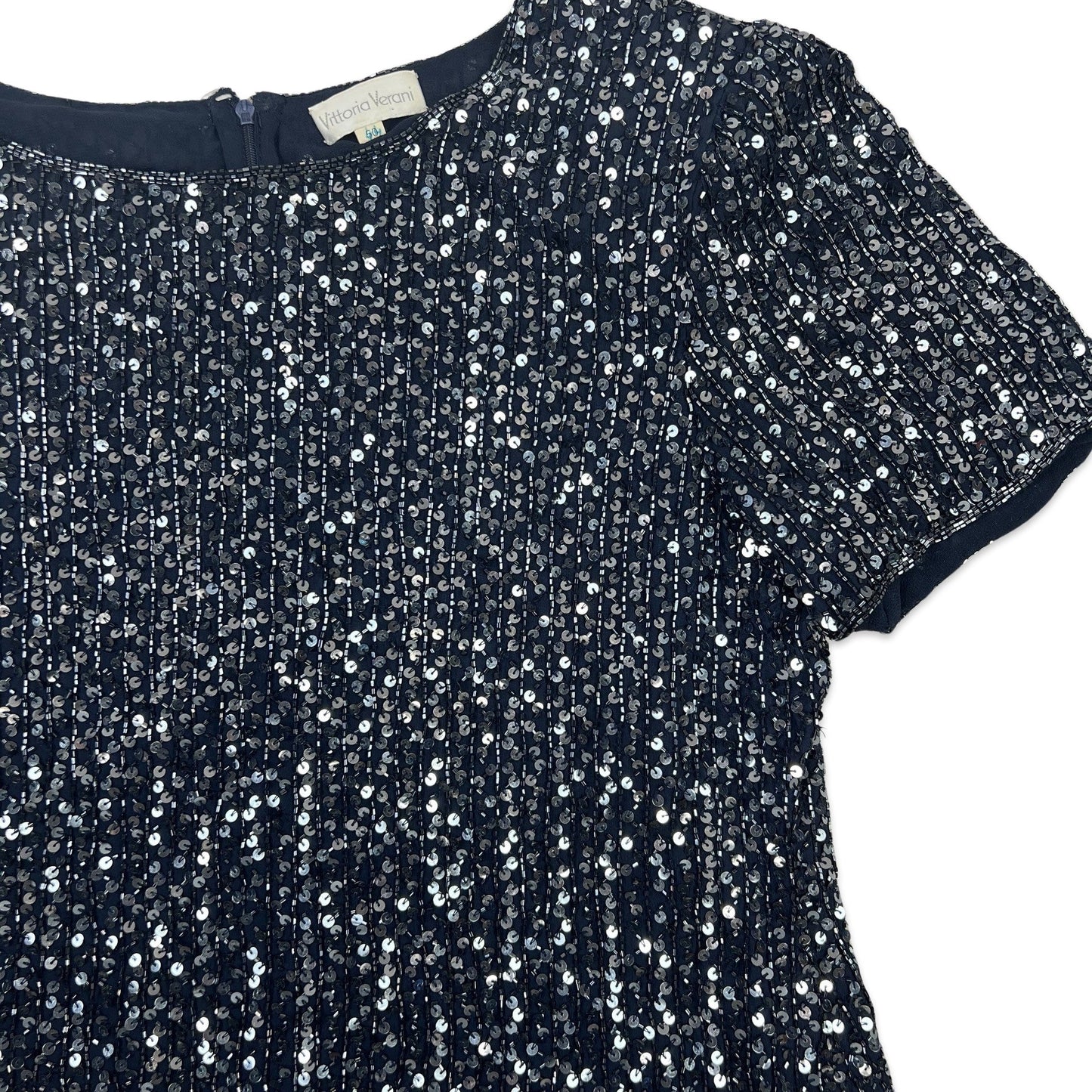 Vintage 80s Oversized Boxy Sequin Blouse Blue Silver 12 14
