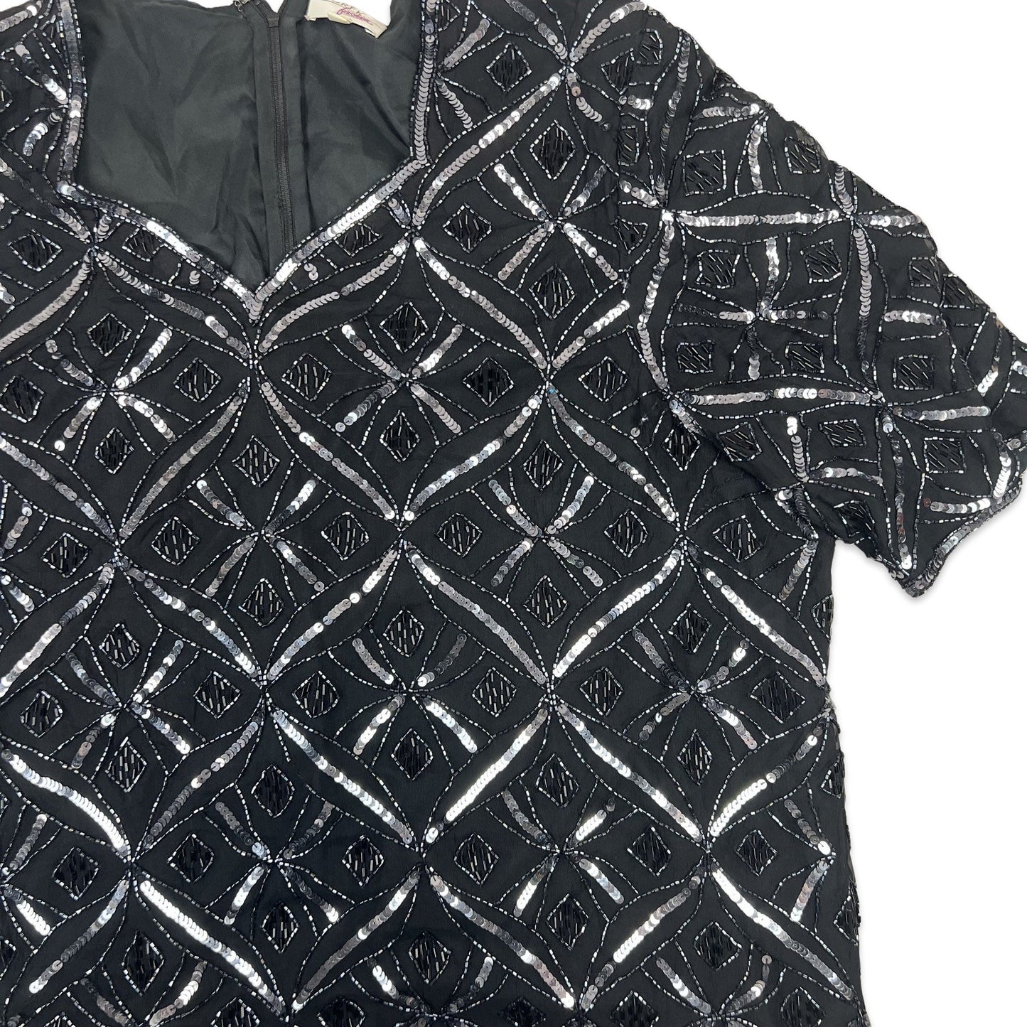 Vintage 80s Boxy Oversized Sequin Blouse Black Silver 16