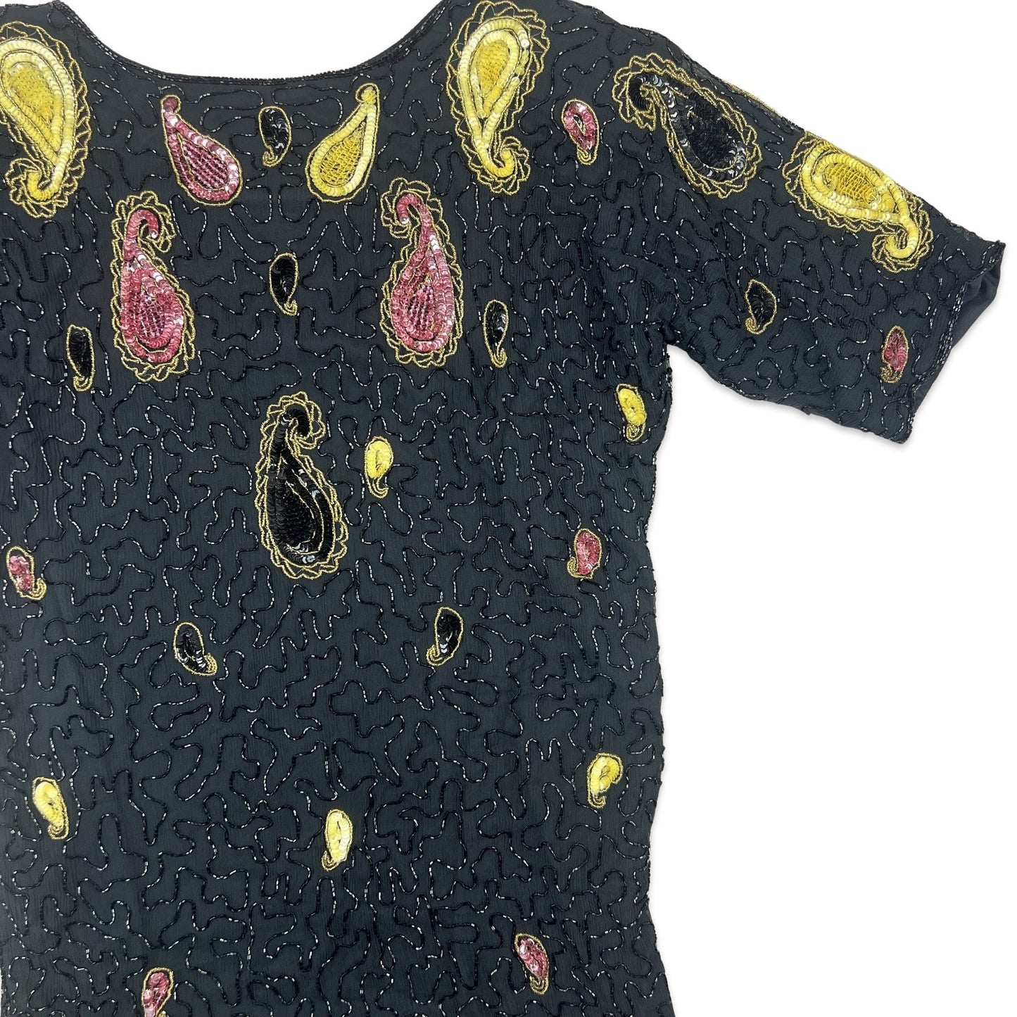 Vintage 80s Boxy Oversized Sequin Blouse Black Yellow Pink 10 12