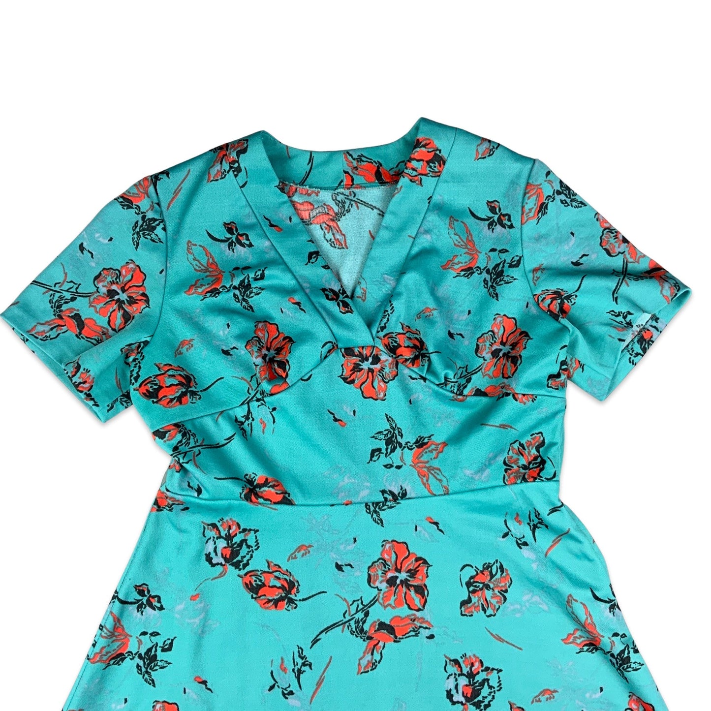 Vintage 70s Teal Orange Floral Print A-Line Dress 16