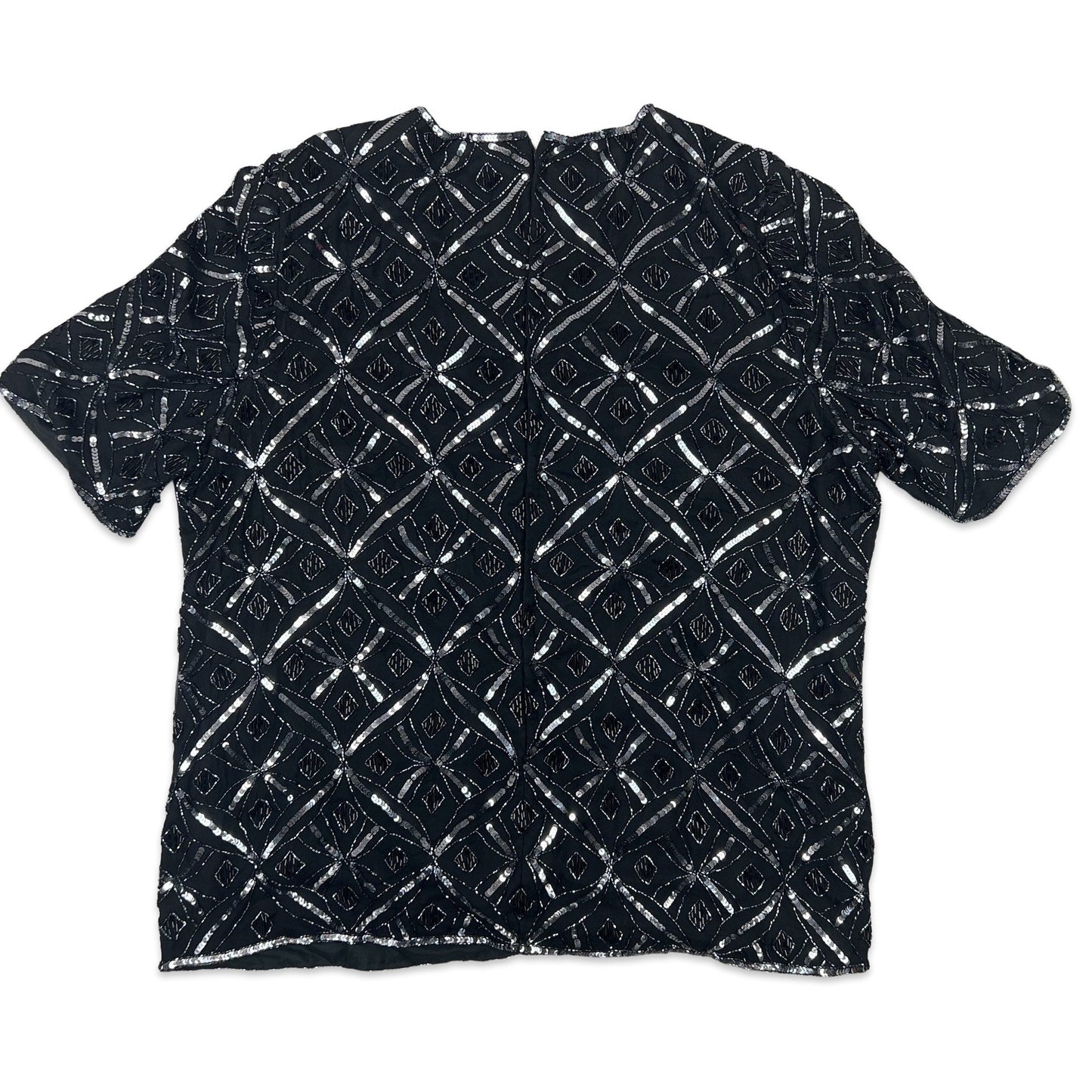 Vintage 80s Boxy Oversized Sequin Blouse Black Silver 16