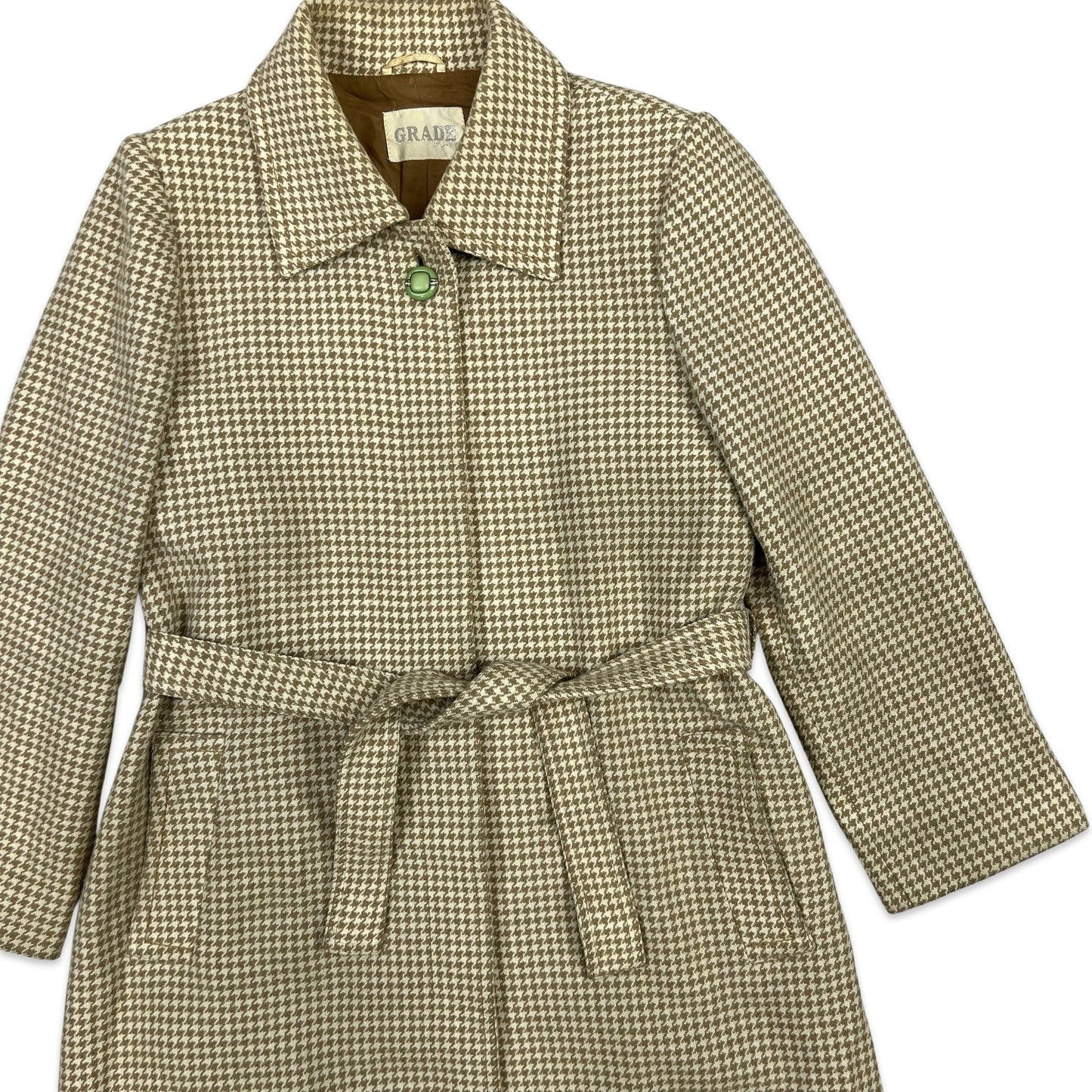 Vintage Midi Wool Coat Dogtooth Brown Cream 8 10