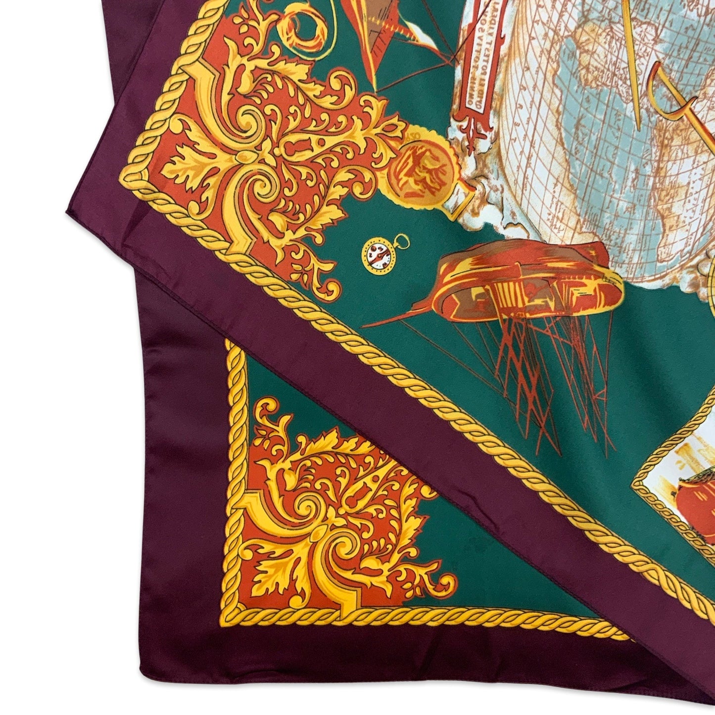 Vintage Green Burgundy Gold Novelty Ship Print Large Scarf