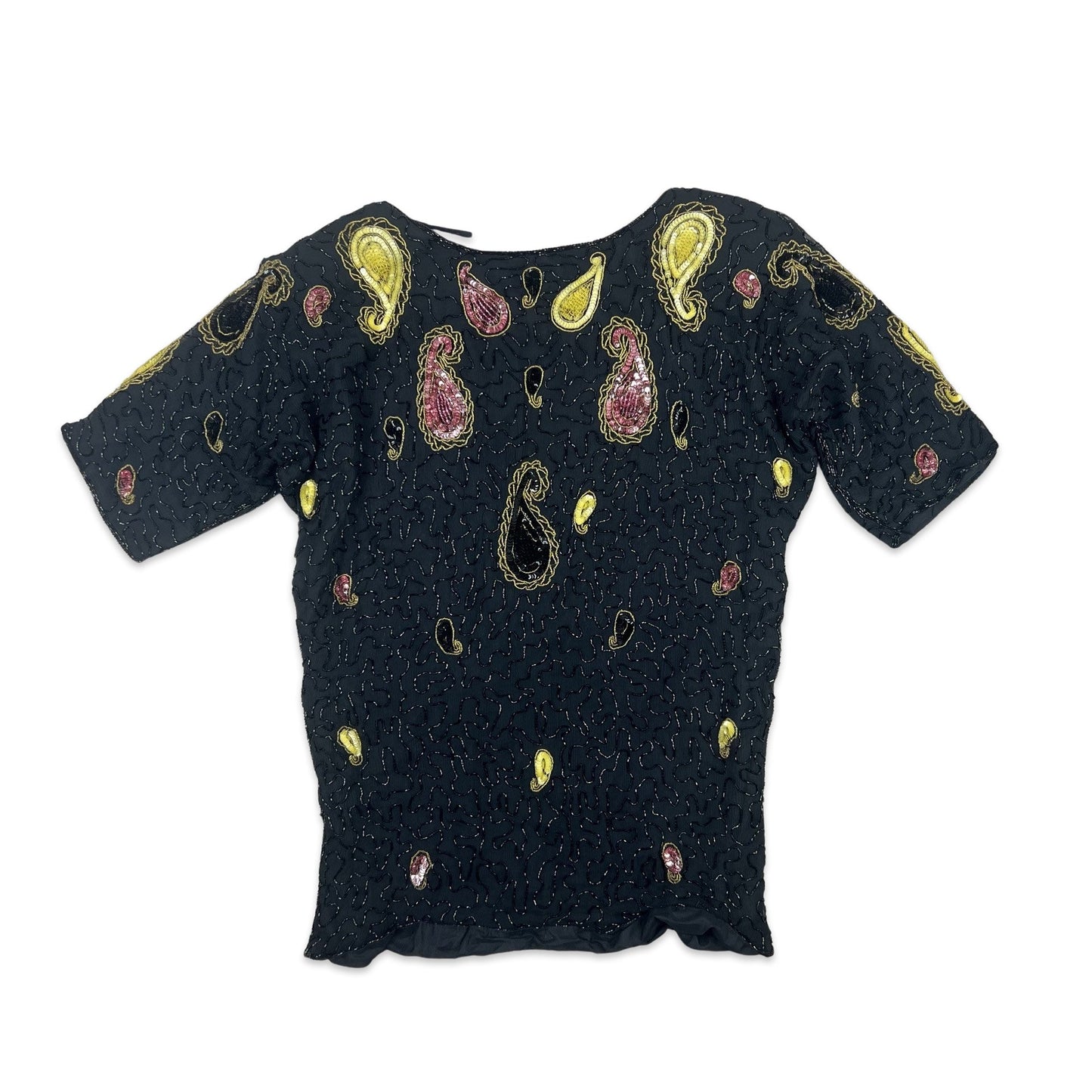 Vintage 80s Boxy Oversized Sequin Blouse Black Yellow Pink 10 12