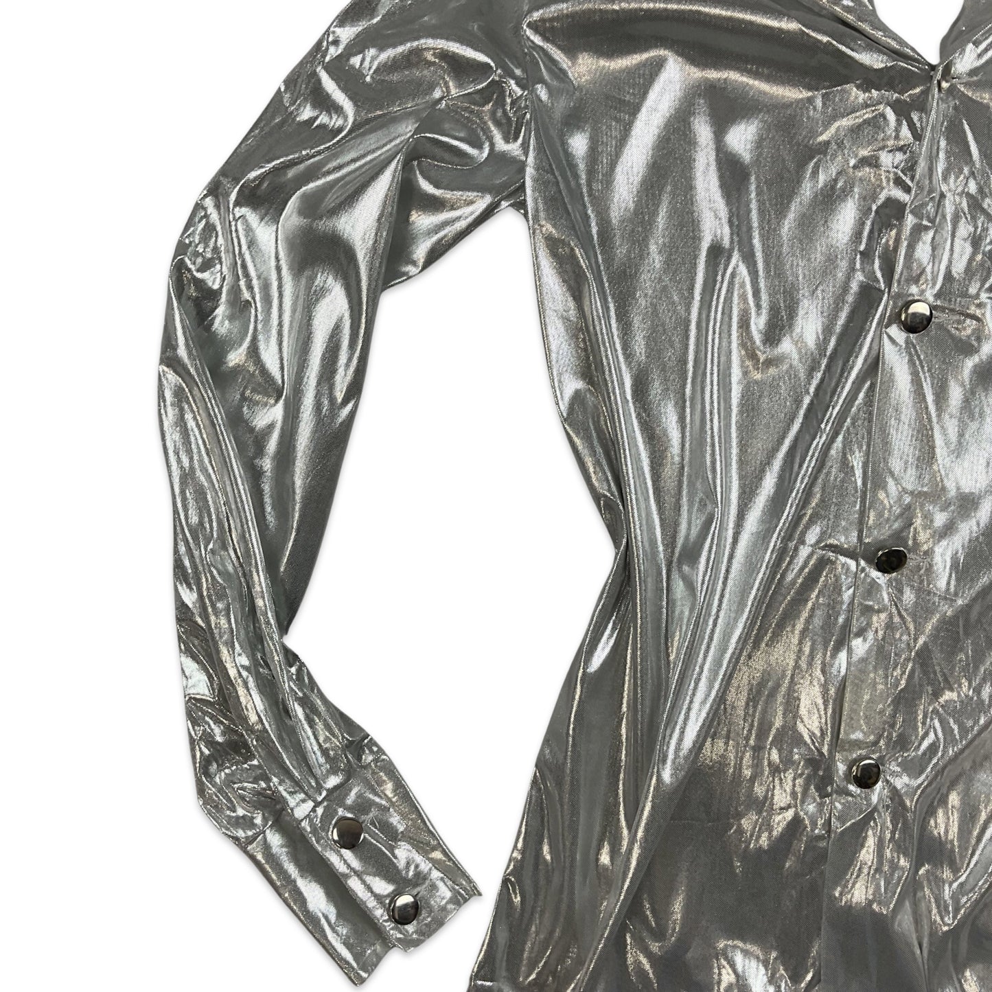 90s Vintage Lamé Silver Metallic Collared Button-up Blouse Shirt 10 12 14