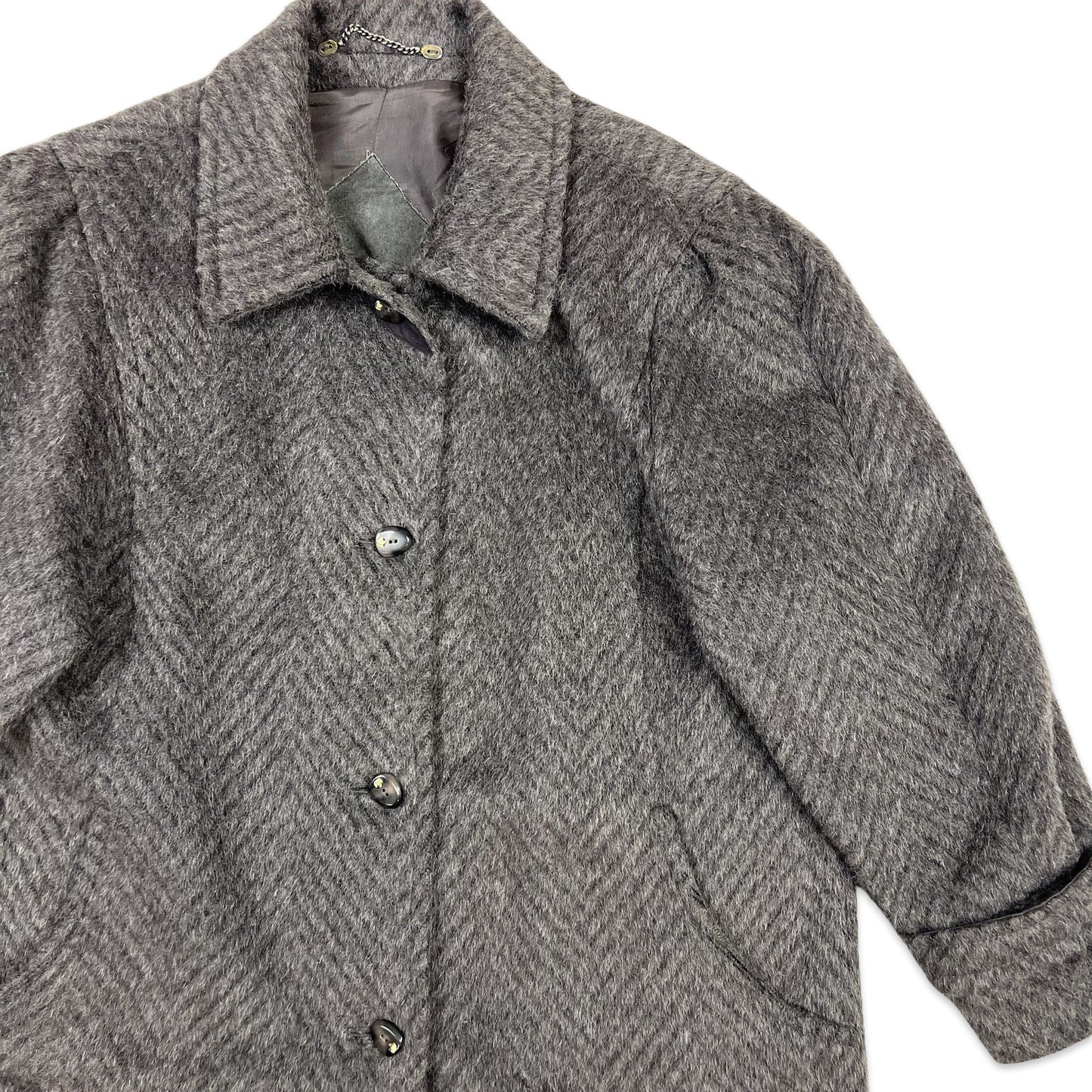 Vintage 80s Wool Midi Coat Charcoal Grey Herringbone 12 14
