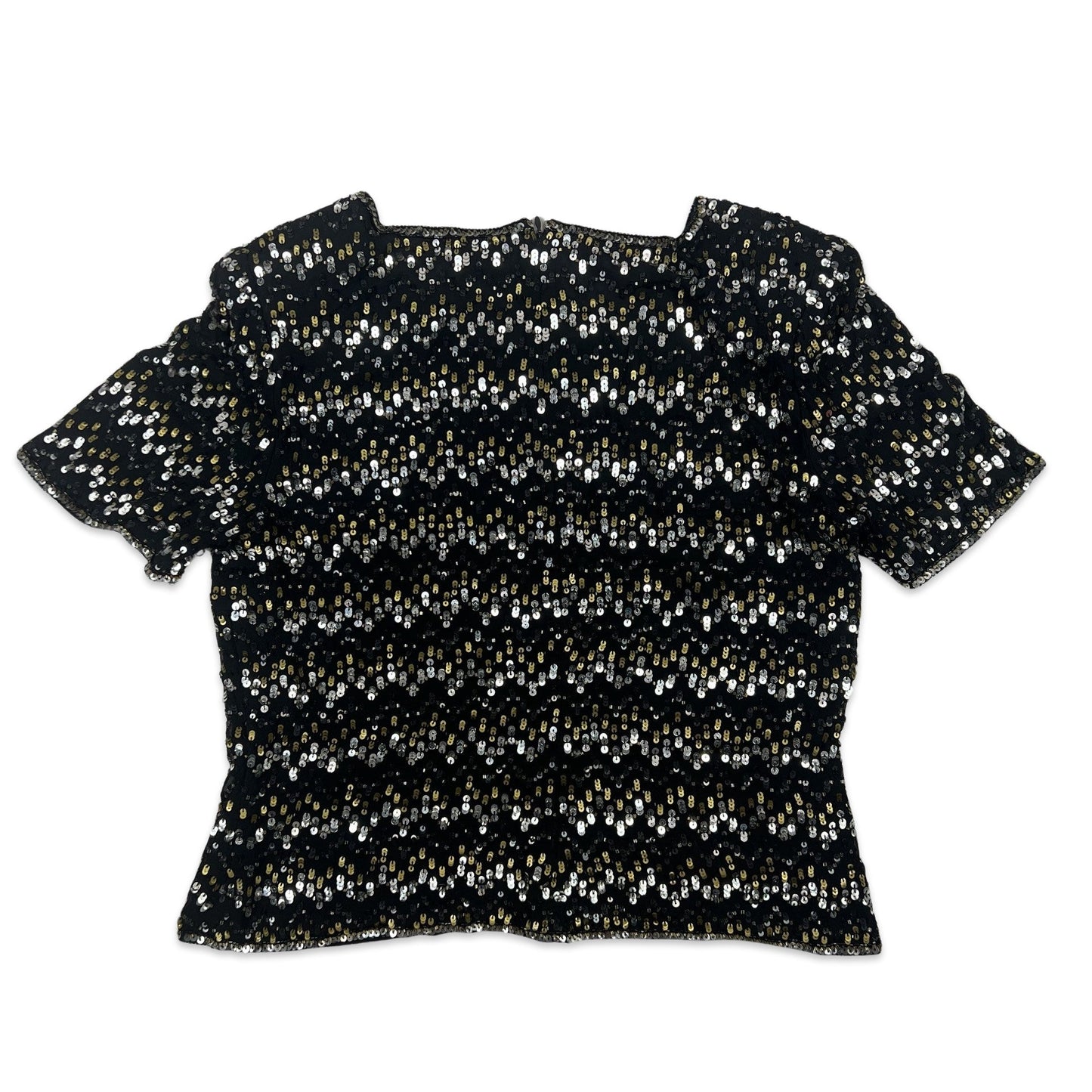 Vintage 80s Boxy Oversized Sequin Blouse Black Gold Silver 8 10