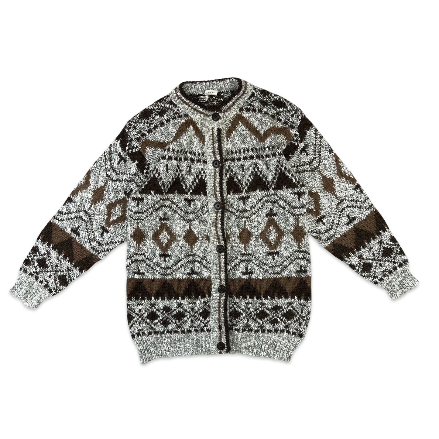 Vintage Mohair Cardigan Chevron Print Grey Brown 12 14 16