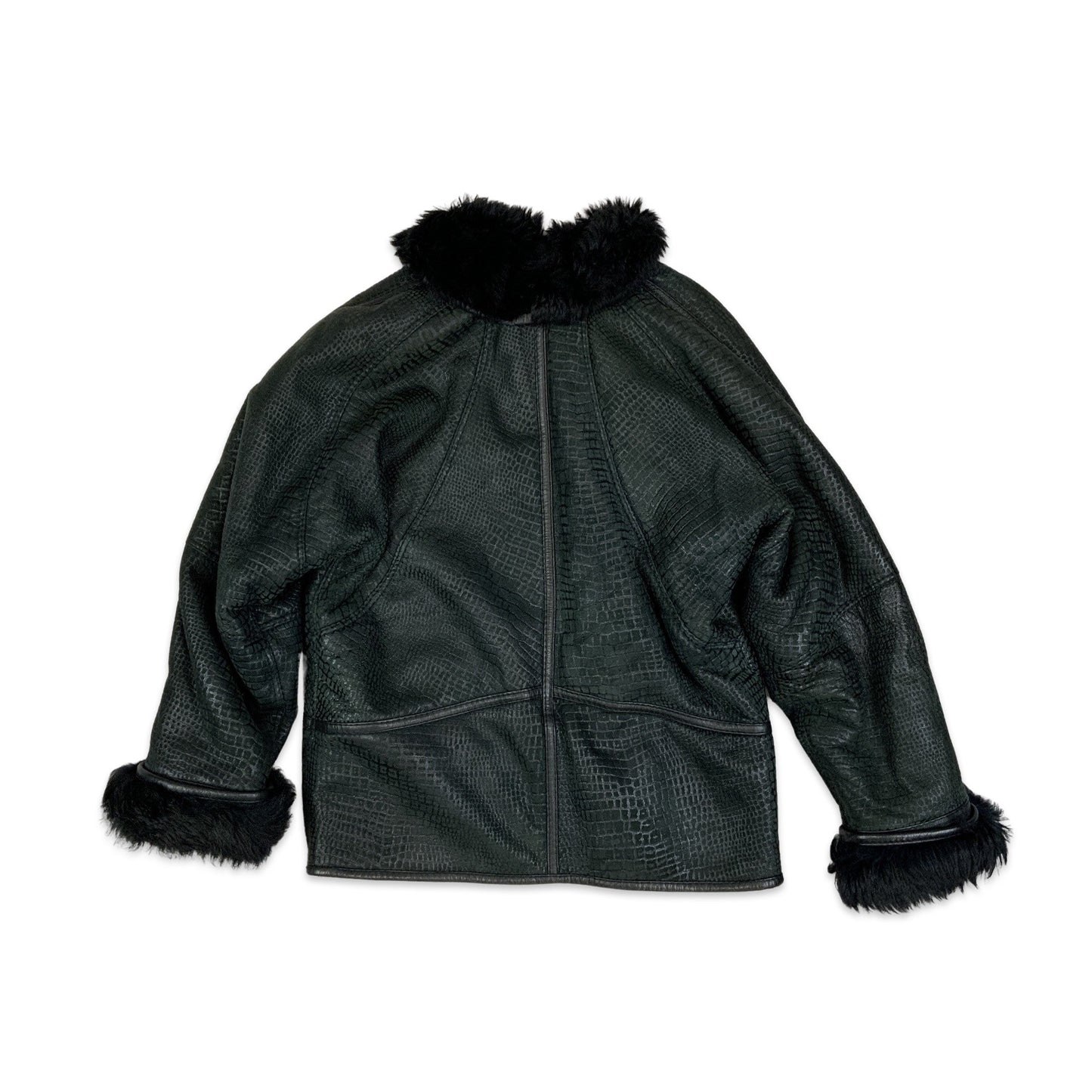 Vintage 80s Faux Crocodile Shearling Coat Dark Green Black 14 16 18