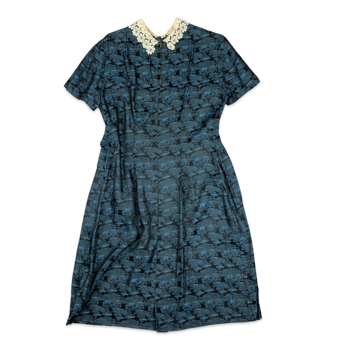 Vintage 60s Lace Collar Geo Printed Midi Shift Occasion Dress Blue Black White 10 12