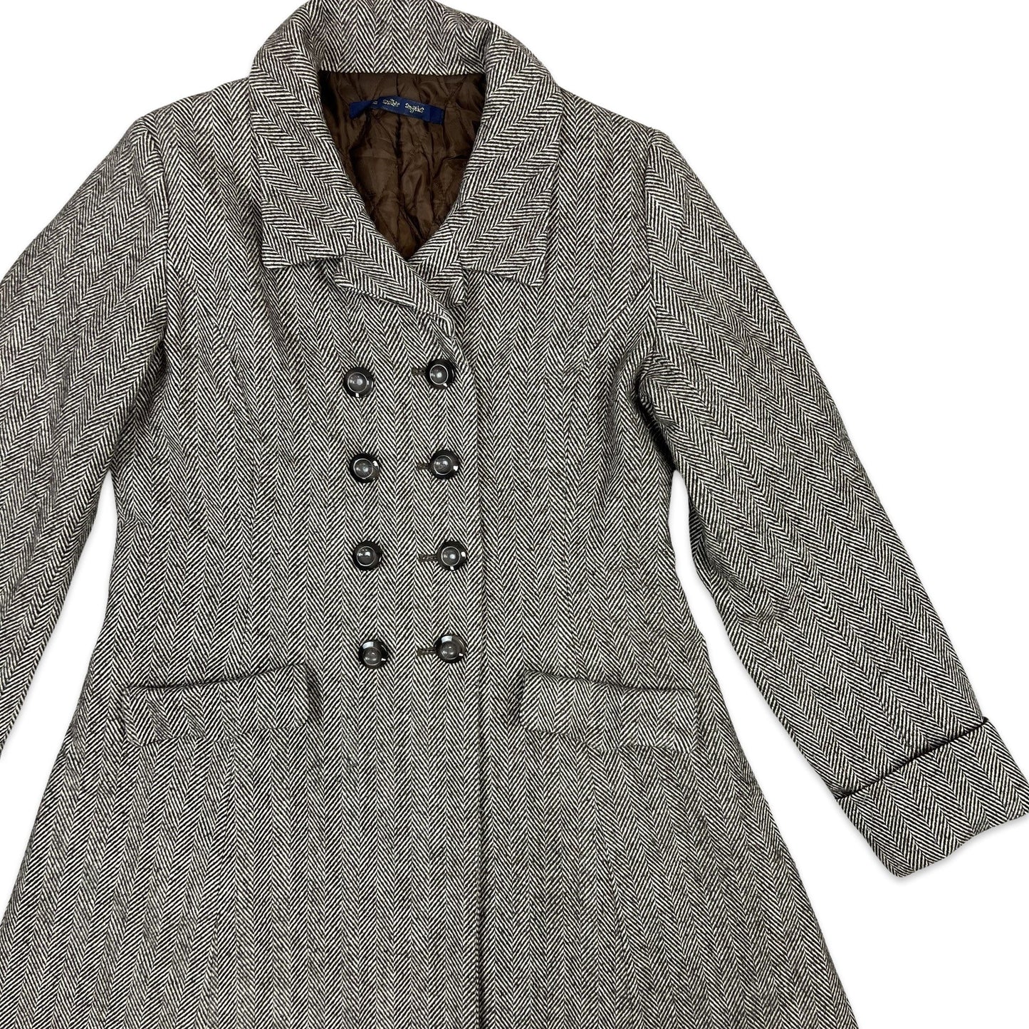 Vintage Wool Long Duster Coat Herringbone Brown Cream 8 10